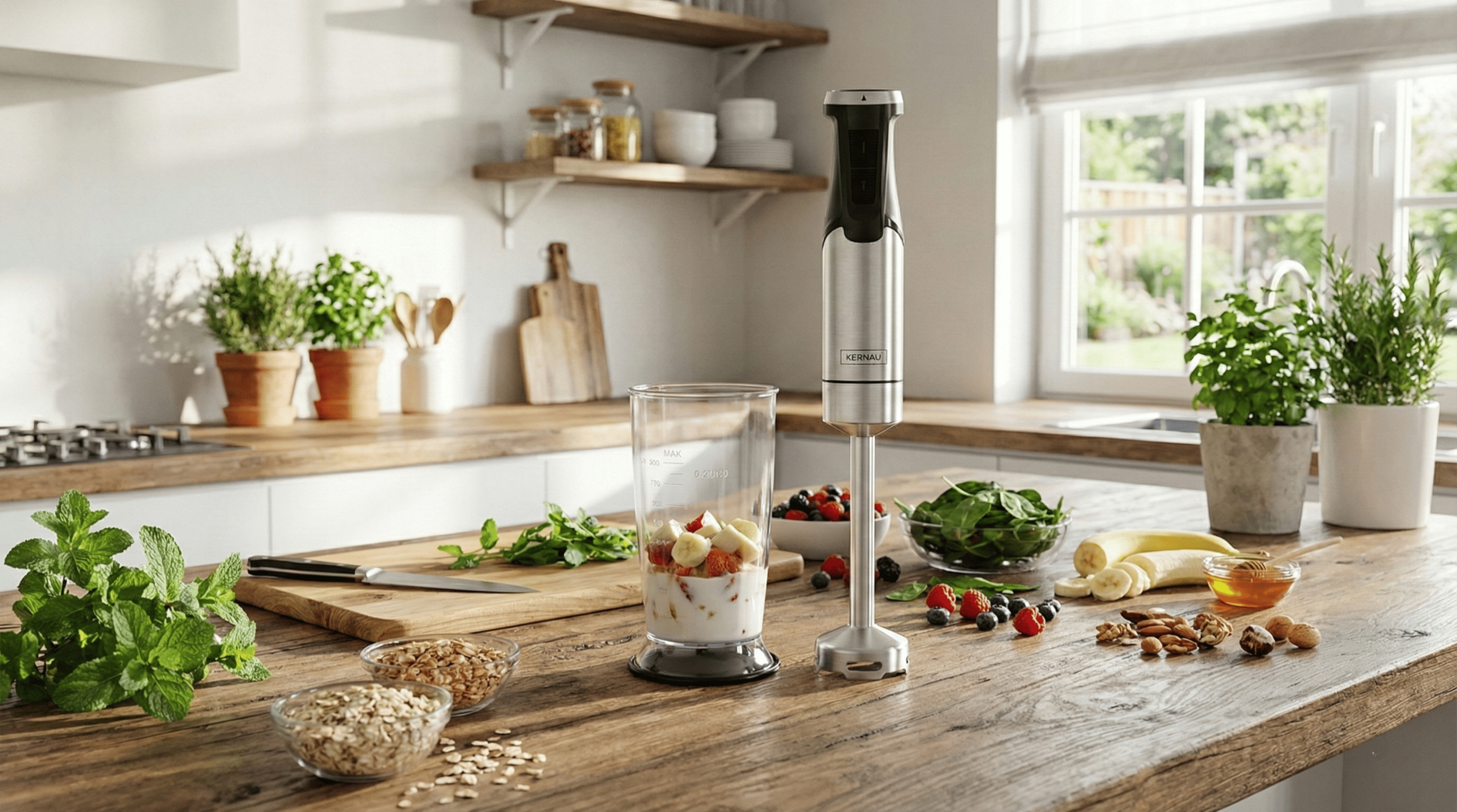 Srebrny blender ręczny na blacie kuchennym w otoczeniu owoców, płatków owsianych i ziół.
