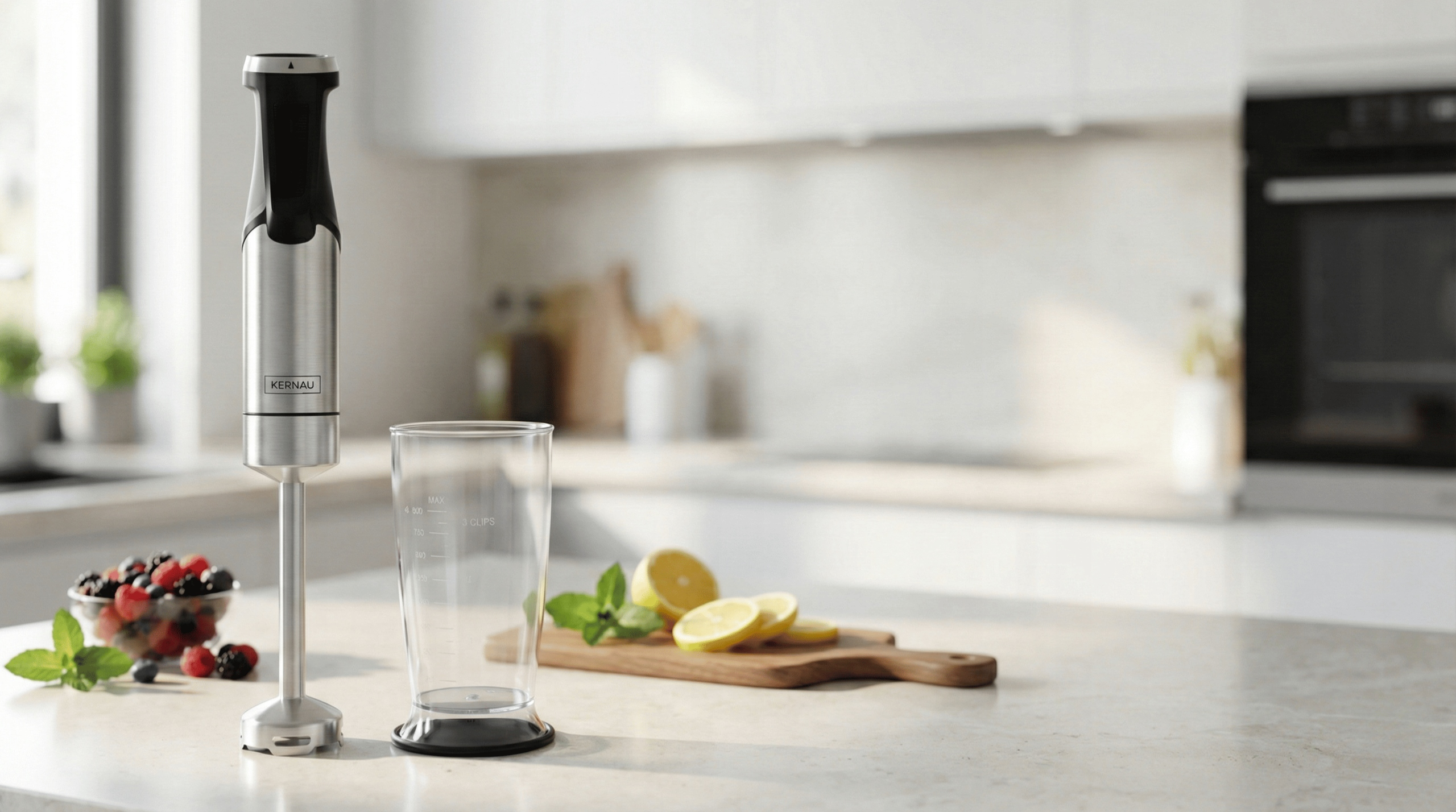 Srebrny blender ręczny i pusty kubek stoją na blacie kuchennym z pokrojonymi cytrynami i jagodami.