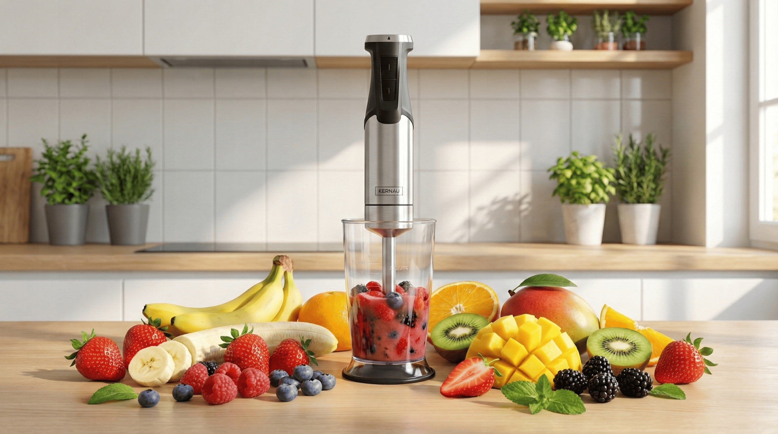 Blender ręczny w kuchni, otoczony świeżymi owocami, takimi jak truskawki, banany, mango i jagody.