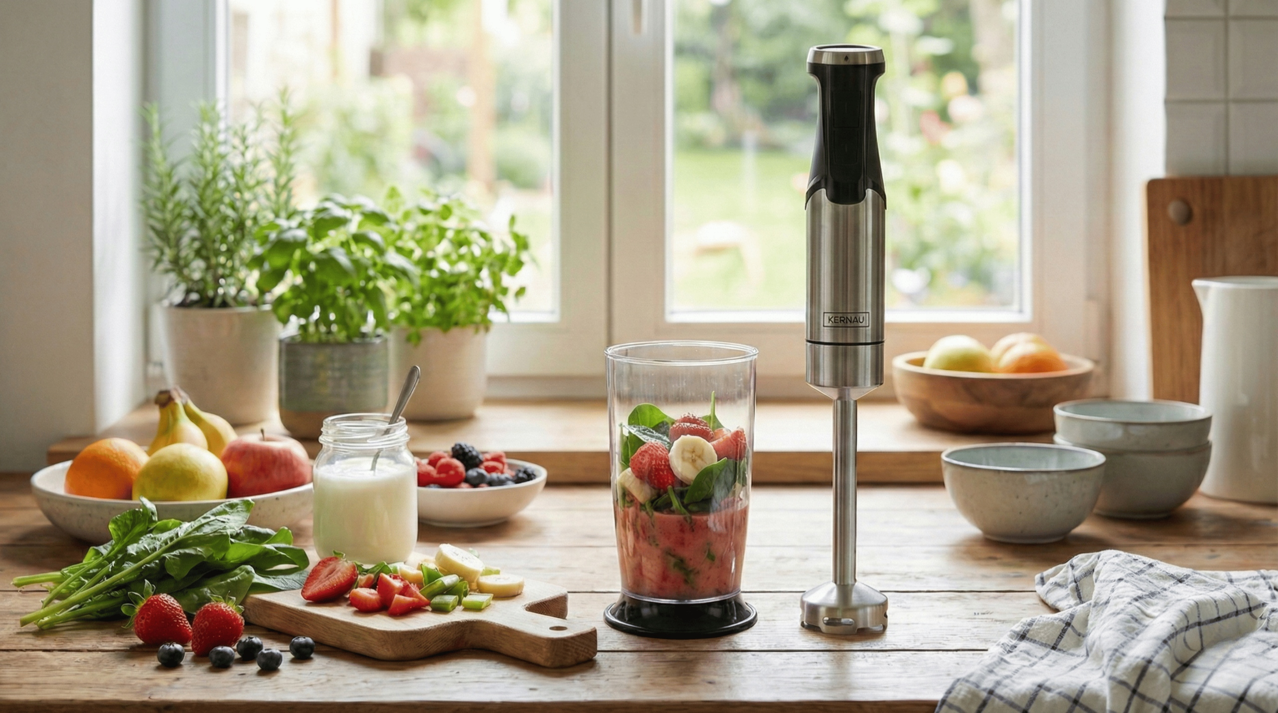 Blender ręczny stoi obok kubka smoothie z owocami, jogurtem i ziołami na drewnianym blacie kuchennym.