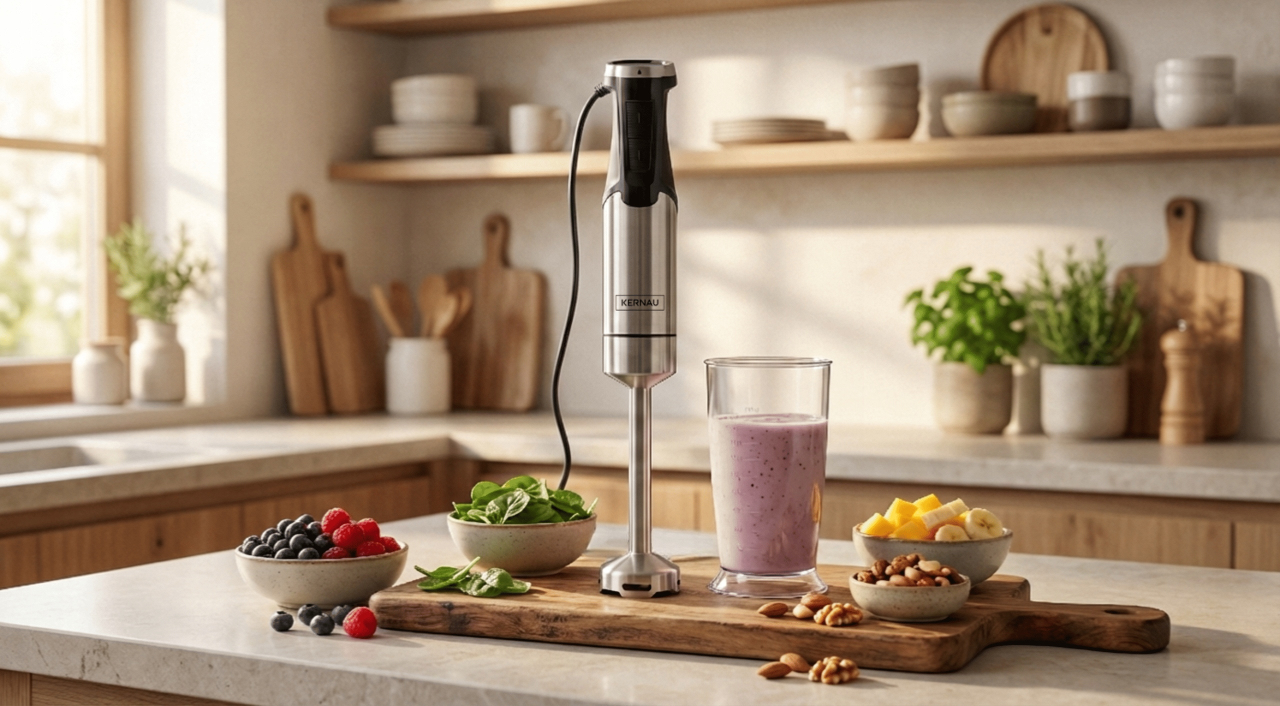 Blender ręczny ze stali nierdzewnej na desce z jagodami, orzechami i smoothie w kuchni.