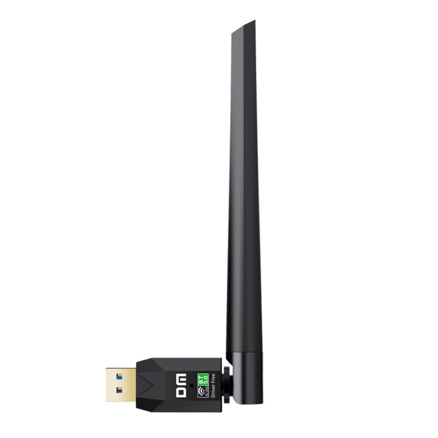 Beyaz arka planda açılır antenli siyah USB Wi-Fi adaptörü.