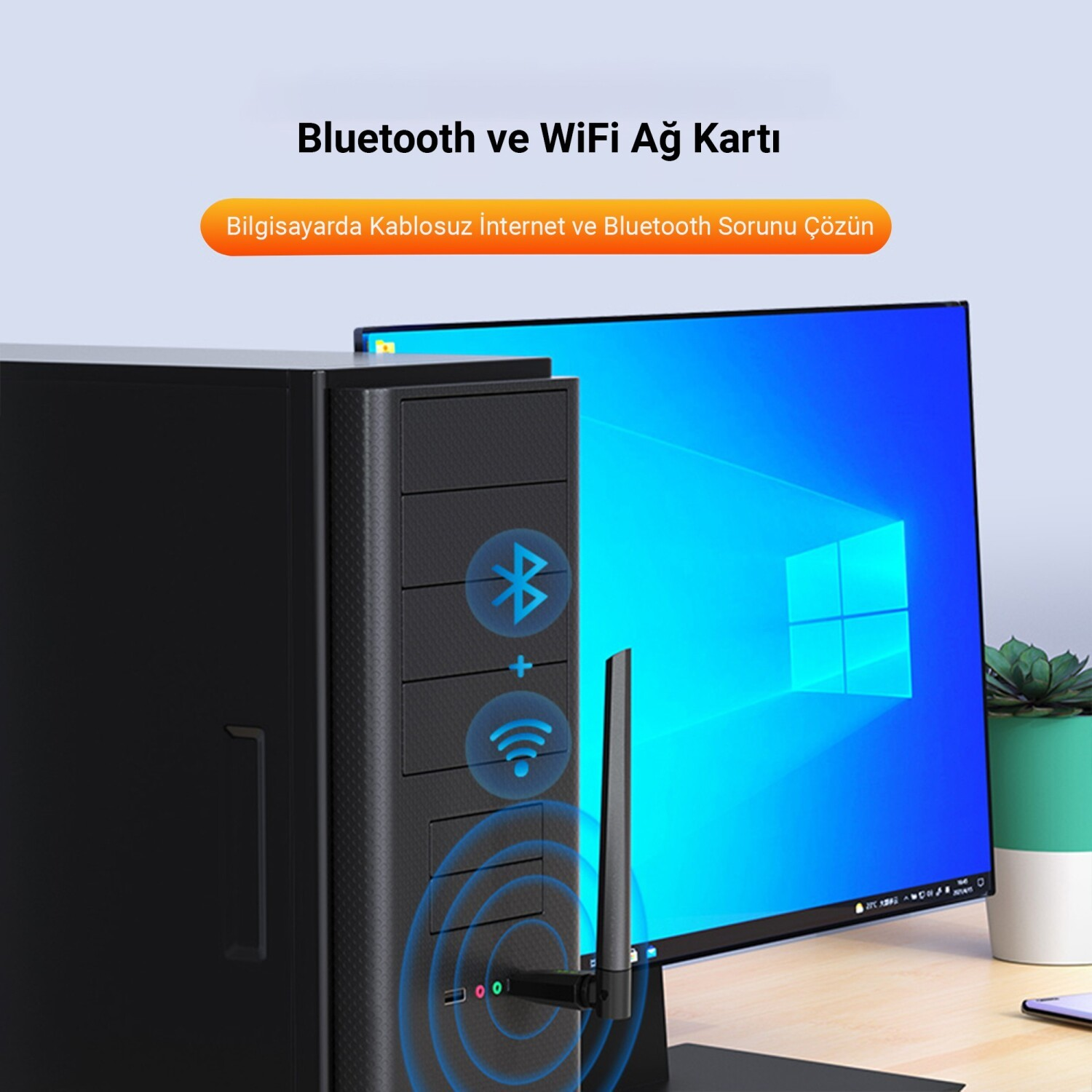 Üst kısmında Türkçe metin bulunan, Bluetooth ve Wi-Fi simgeli bilgisayar kasası ve Windows ekranlı monitör.