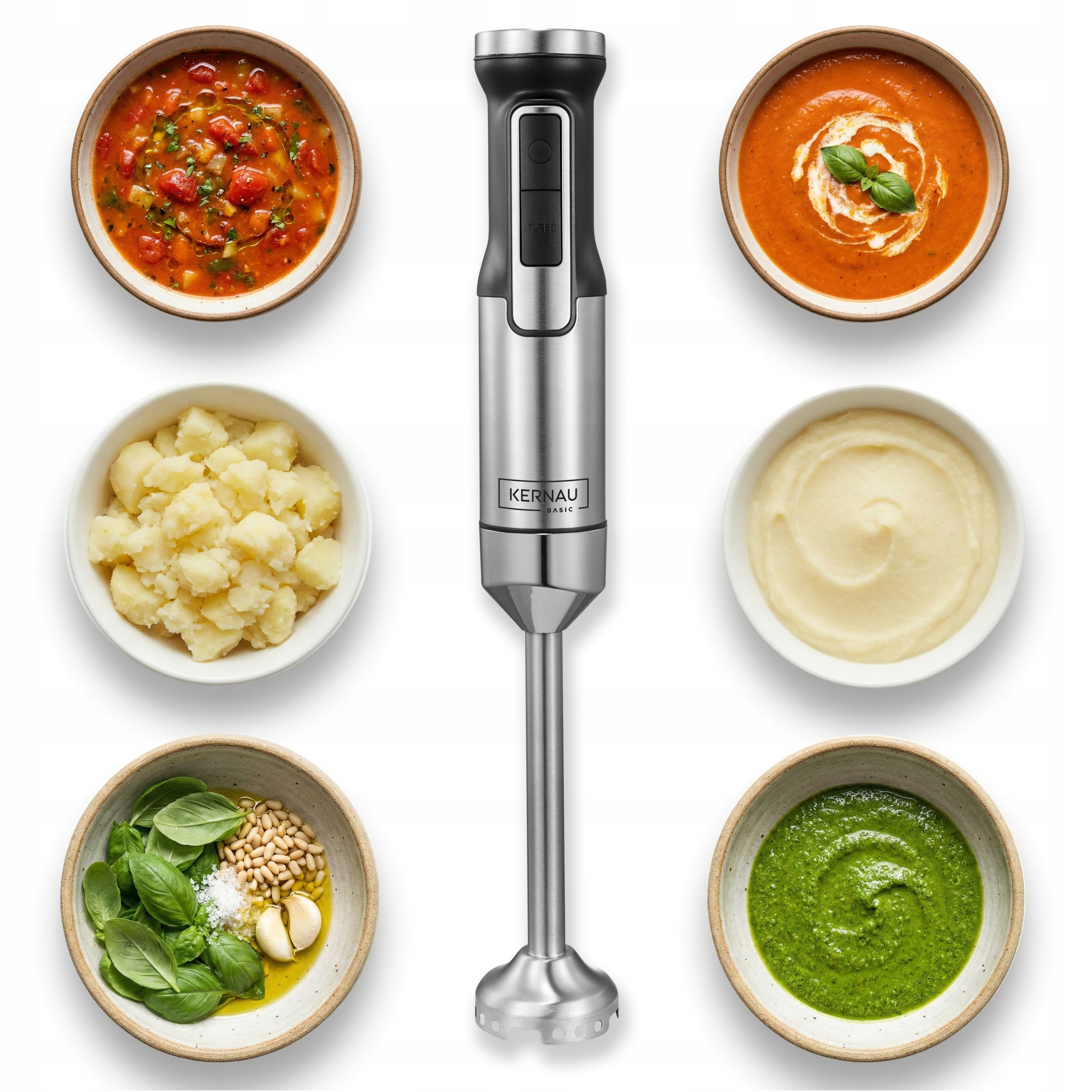Srebrny blender ręczny w centrum, otoczony sześcioma miskami ze składnikami i potrawami.