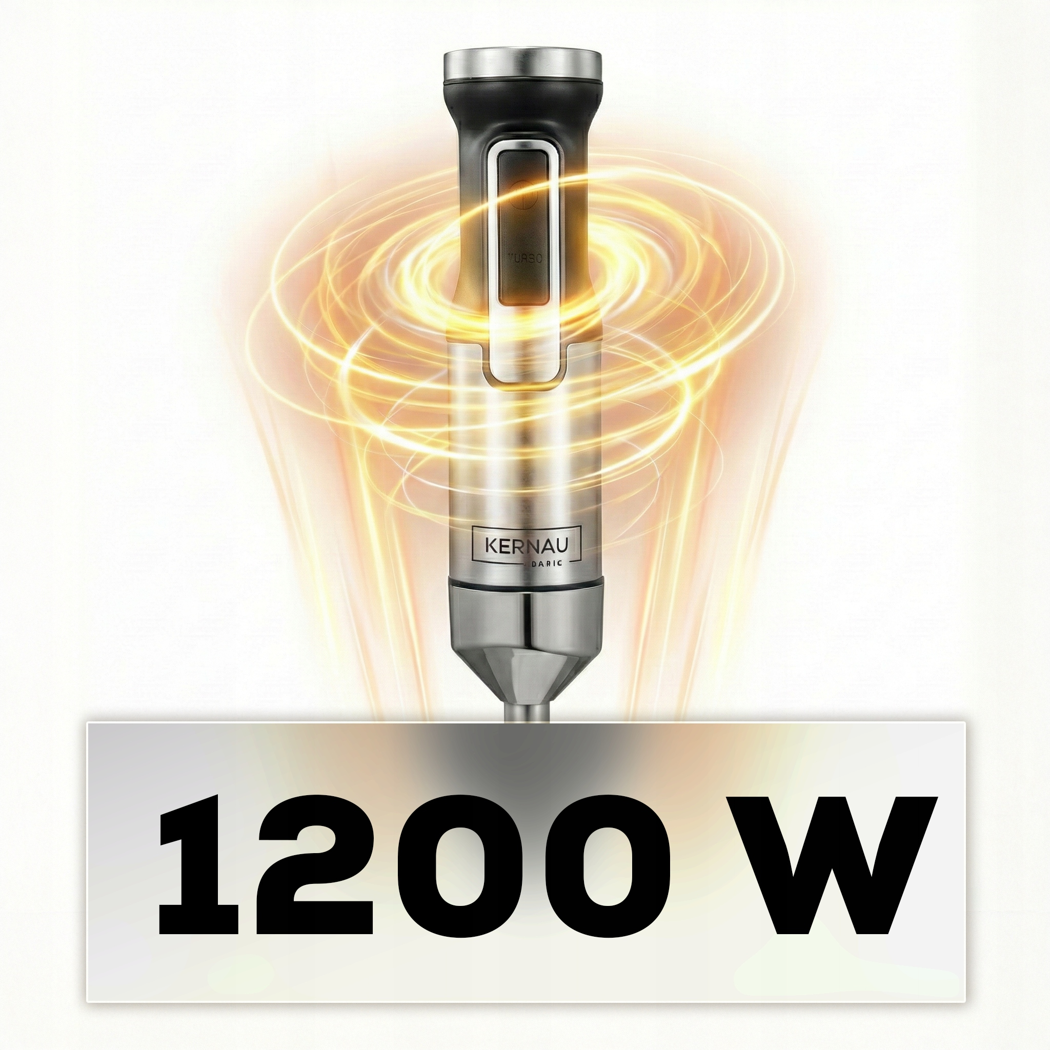 Srebrny blender ręczny Kernau o mocy 1200 W z wirami energii.