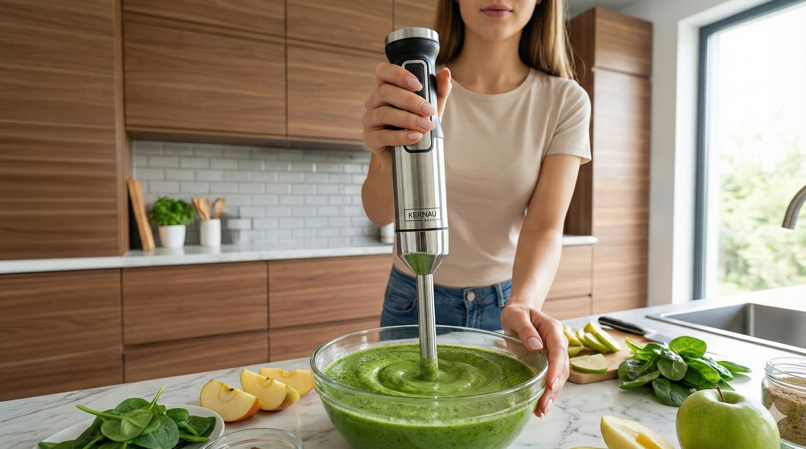 Kobieta używa blendera ręcznego do miksowania zielonego smoothie w szklanej misce w nowatorskiej kuchni.