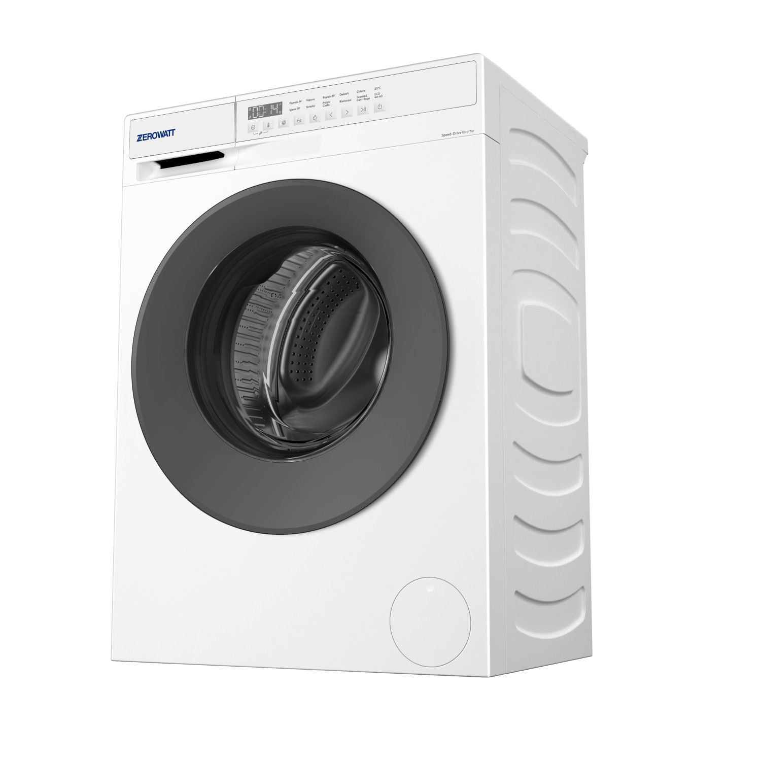 Una lavatrice a carica frontale Zerowatt bianca con oblò grigio scuro vista di tre quarti.