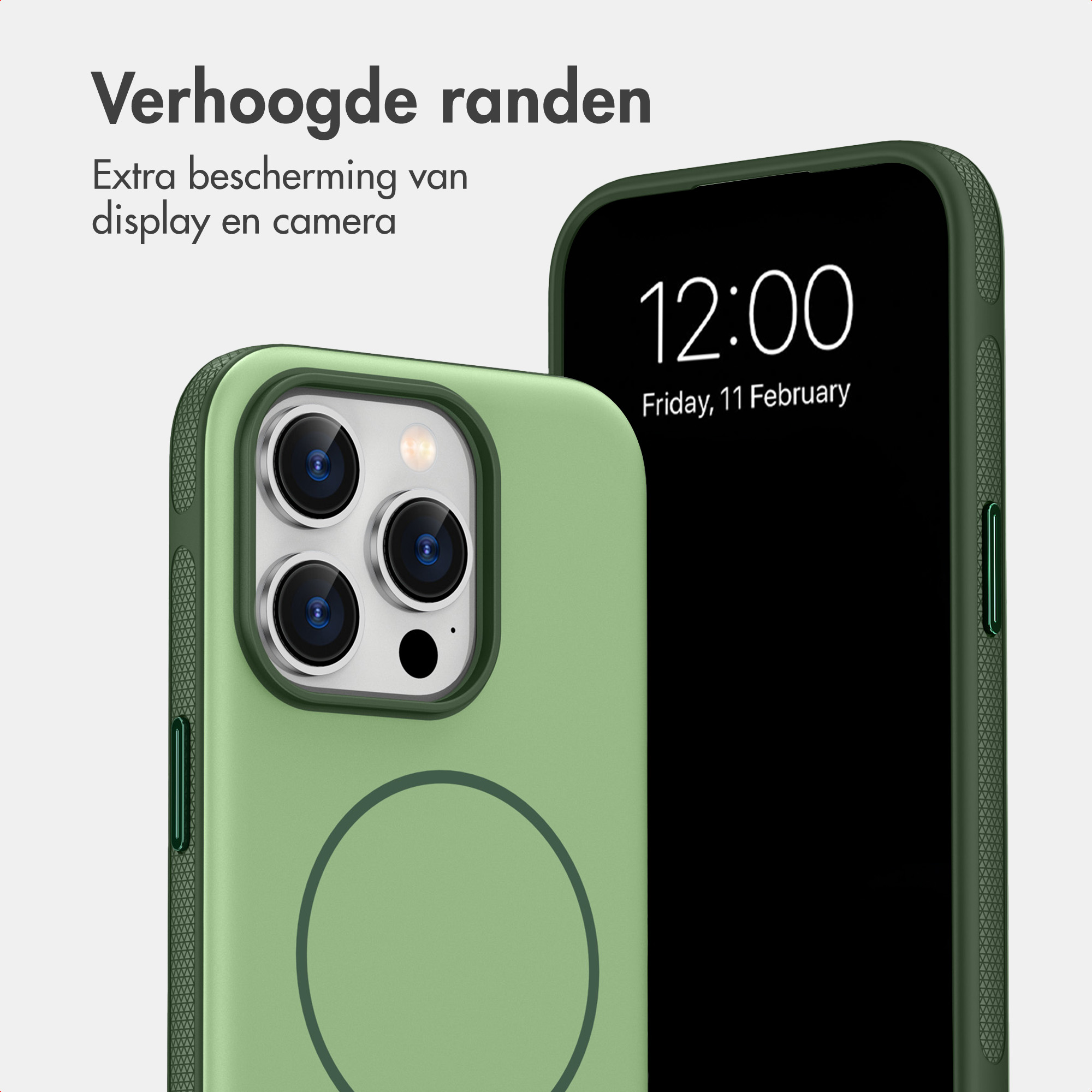 Grüne Smartphone-Hülle mit erhöhtem Rand für Display- und Kameraschutz, mit integriertem Ring.