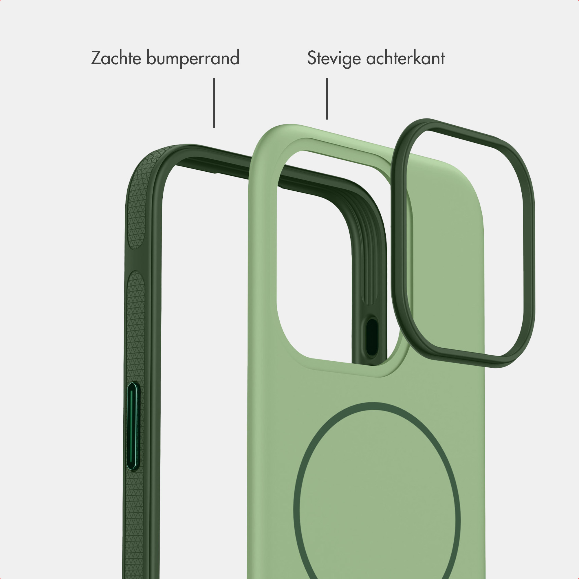 Diagramm einer grünen Handysülle mit weichem StoßfÃ¤ngerrand und stabiler Rückseite auf hellgrauem Hintergrund.