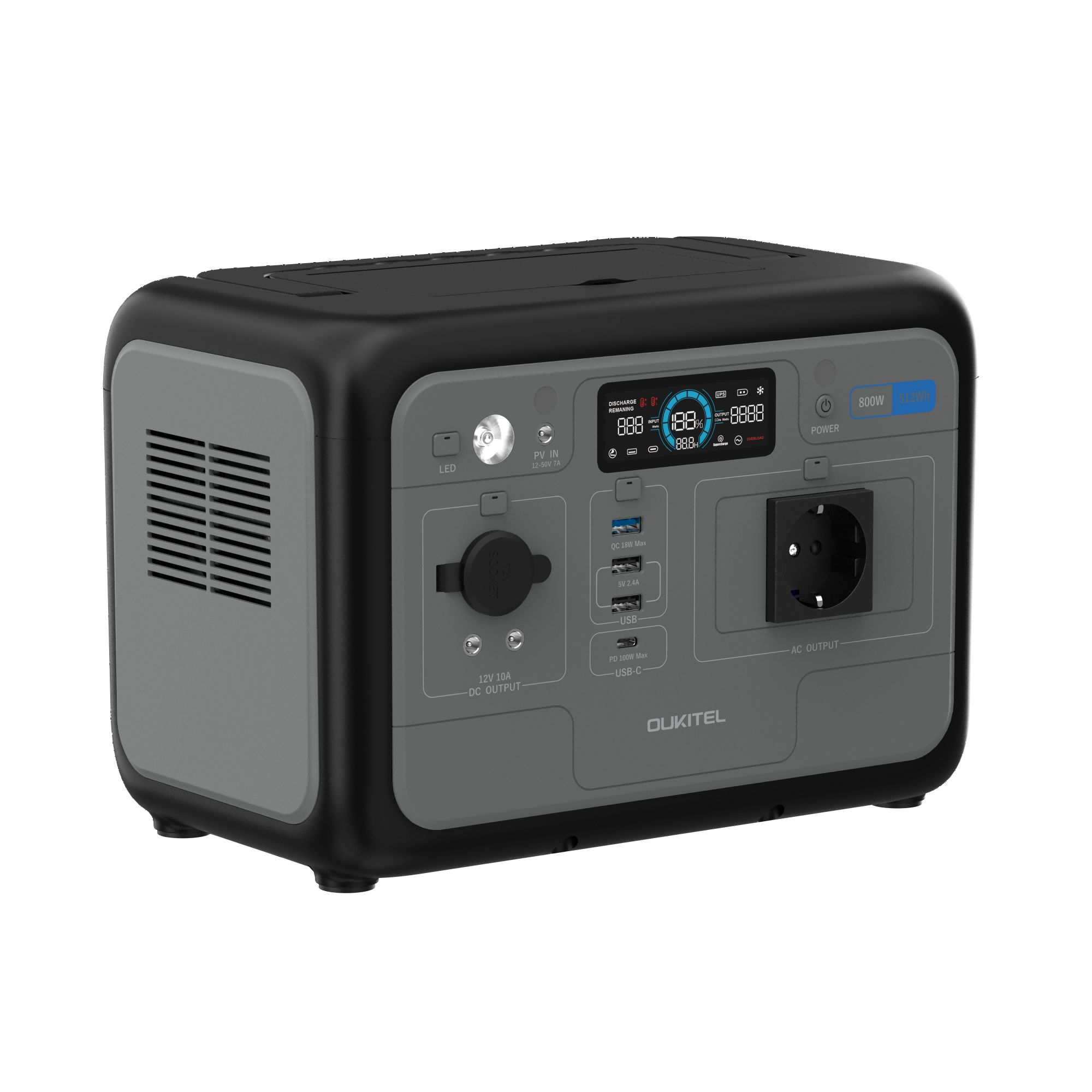 Tragbare schwarze und graue Powerstation mit digitalem Display und verschiedenen Anschlüssen auf schwarzem Hintergrund.