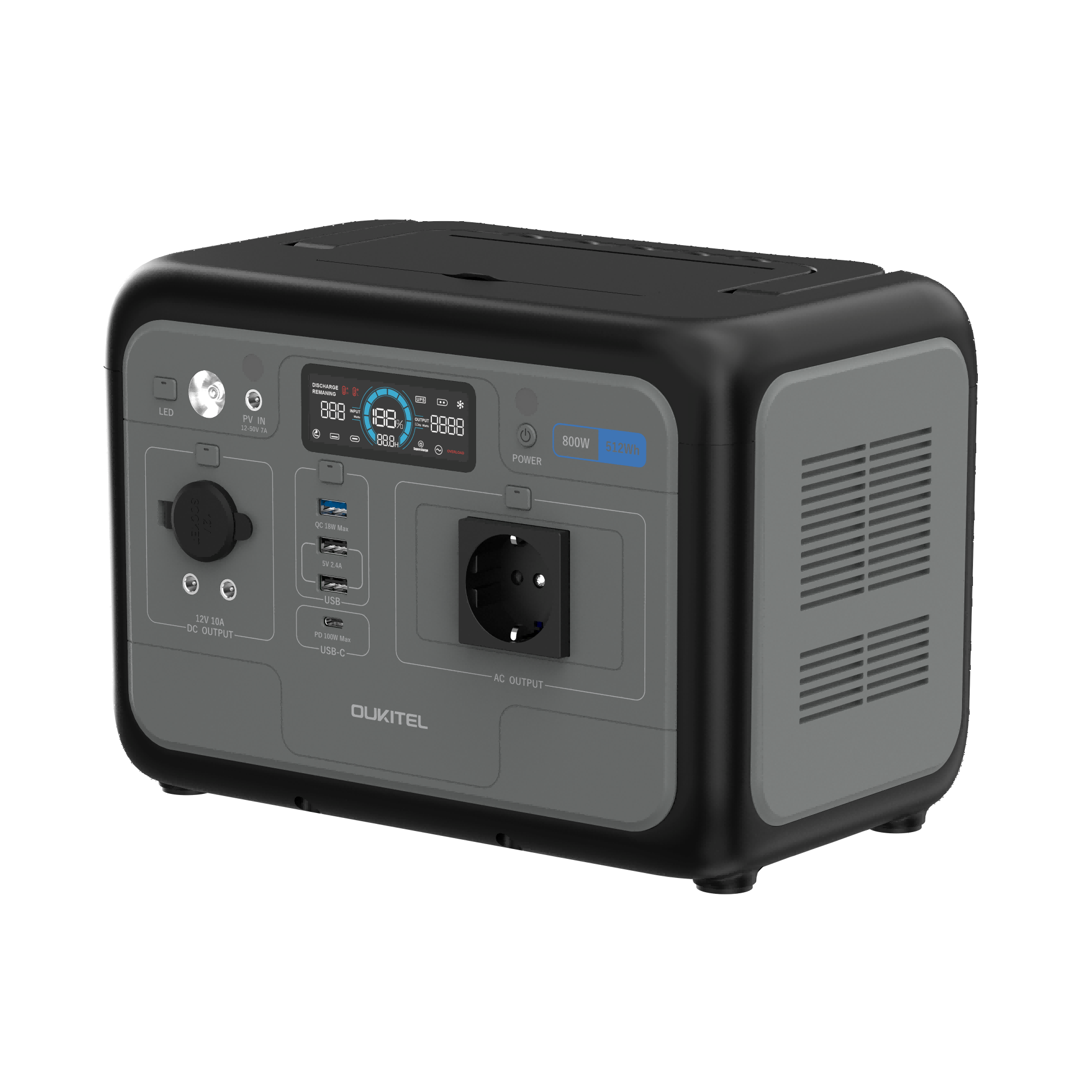 Eine schwarz-graue Oukitel Powerstation mit mehreren USB- und AC-Ausgängen sowie einem digitalen Display.