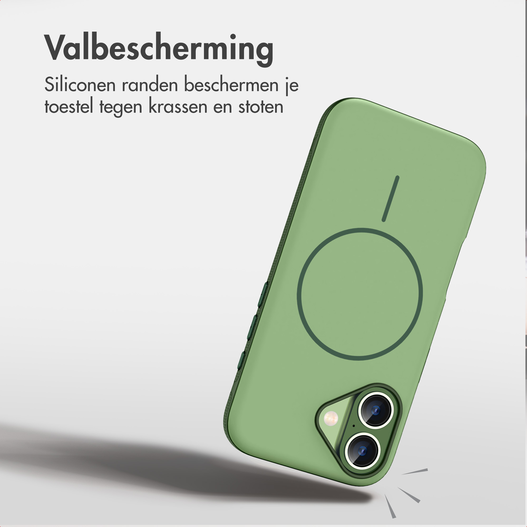 Grüne Silikon-Handyhülle mit MagSafe-Ring, Kameraaussparung und Text auf hellem Hintergrund.