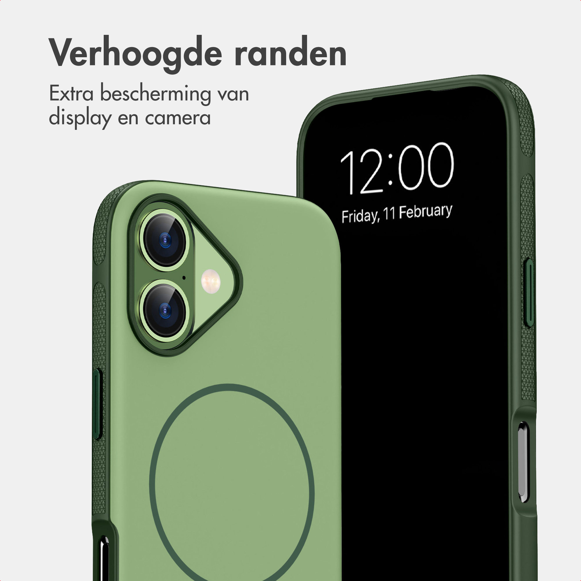 Zwei grüne Smartphone-Hüllen mit Dual-Kamera und MagSafe-Ringen zeigen erhöhte Ränder und zusätzlichen Schutz.