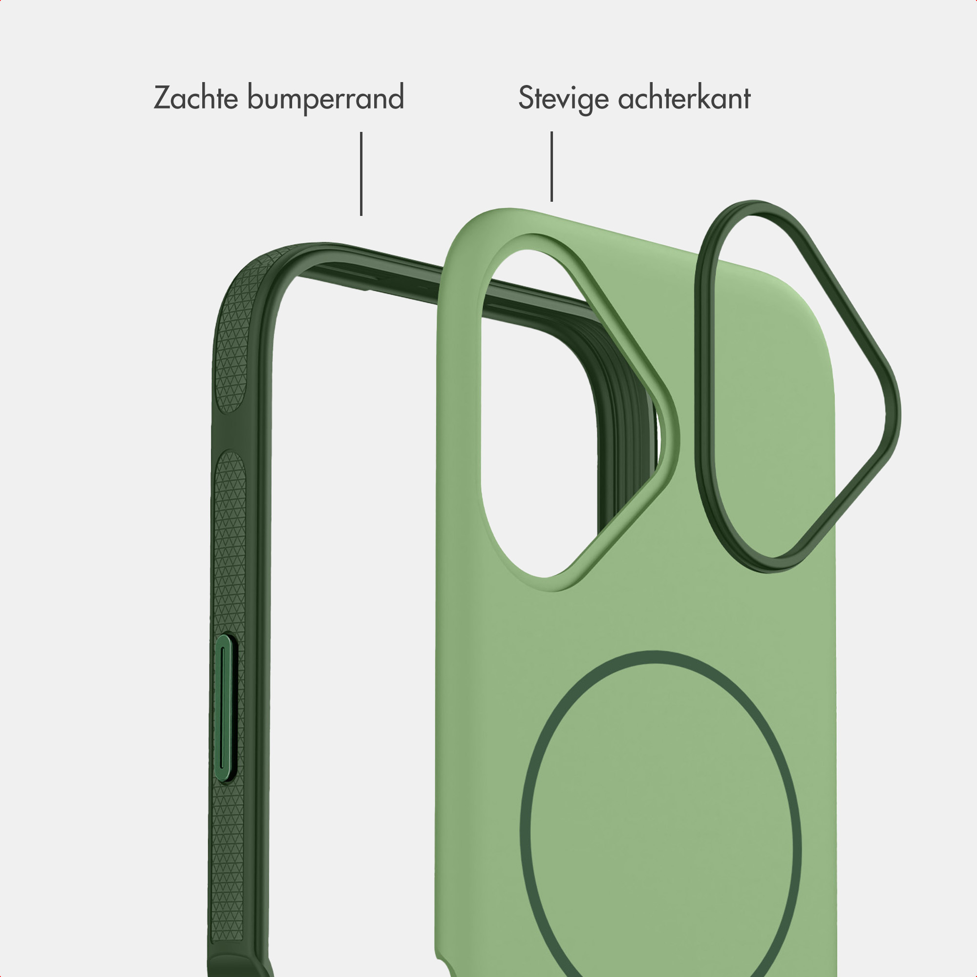 Eine demontierte grüne Handyhülle mit weichem Bumper und stabiler Rückseite.