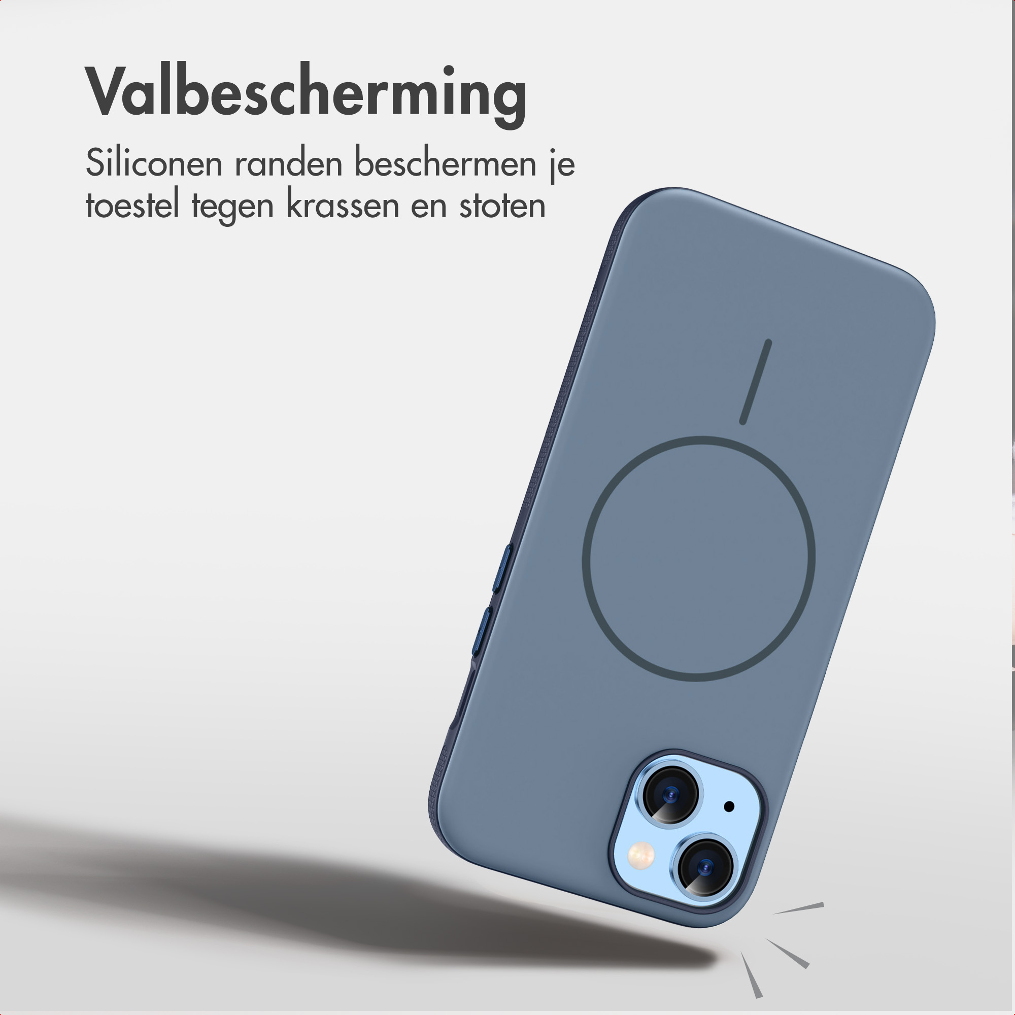 Blaue Smartphone-Hülle mit MagSafe-Kreis auf der Rückseite und zwei Kameralinsen unten.