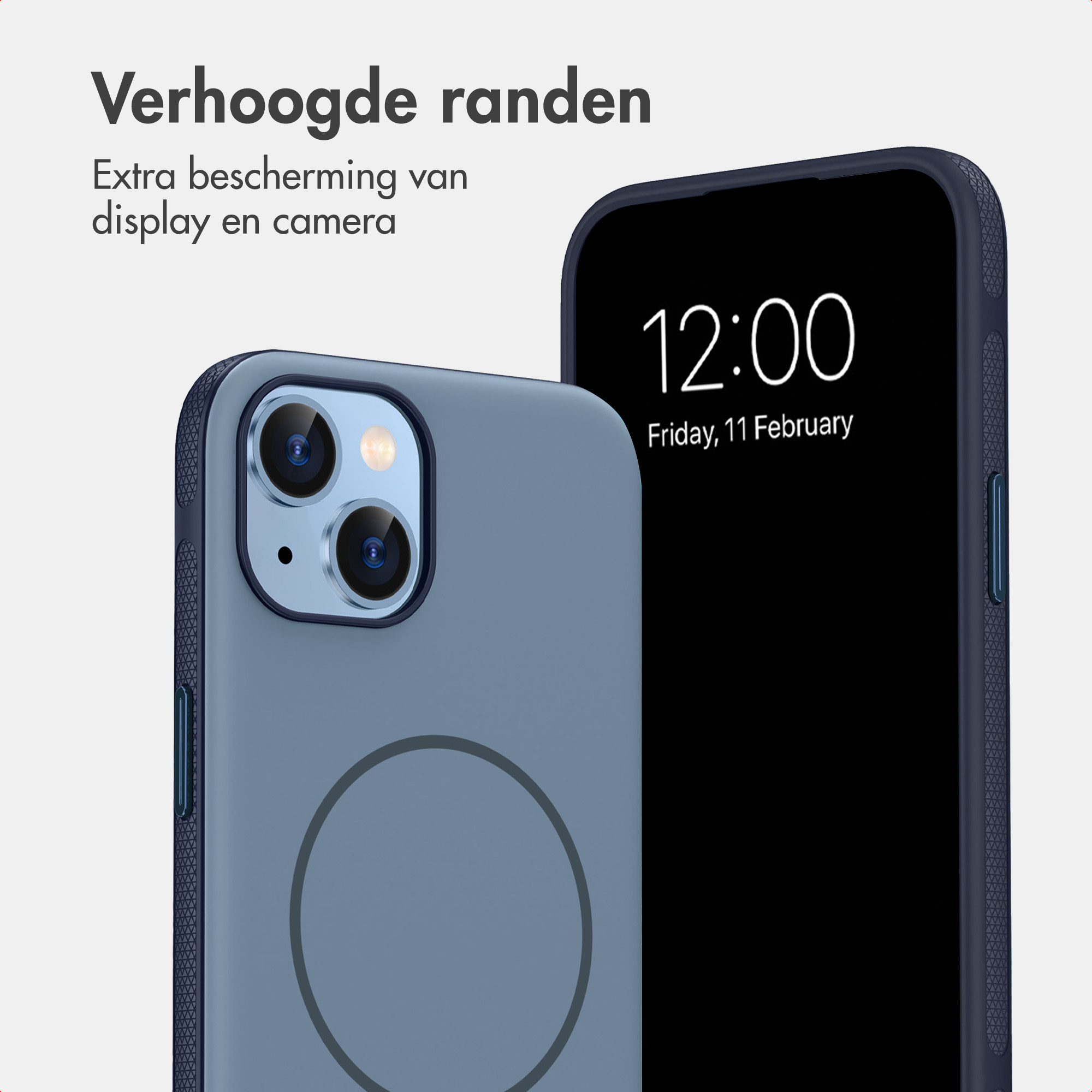 Zwei blaue Smartphone-Hüllen mit erhöhten Rändern, Schutz für Display und Kamera, und gedrucktem Text.