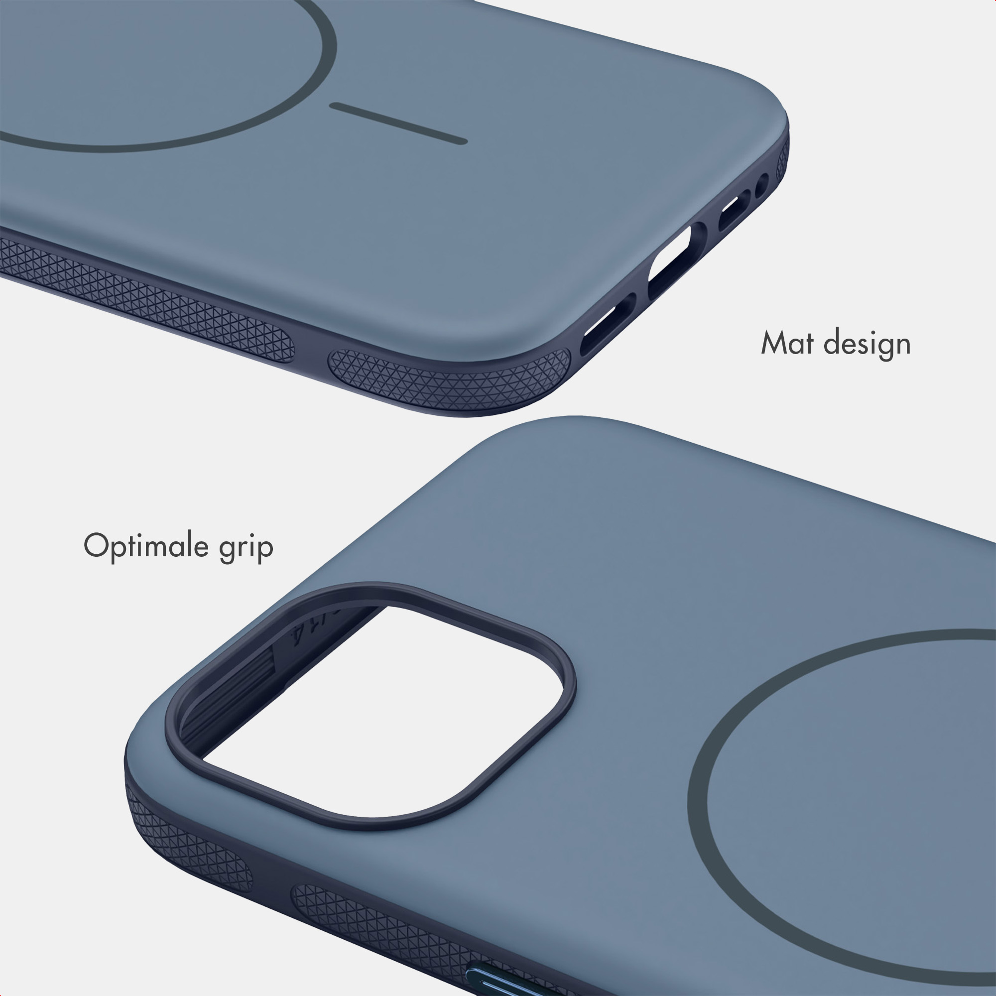 Blaue Handyhülle mit mattem Design und strukturiertem Griff für optimalen Halt, mit Texten Mat design und Optimale grip.