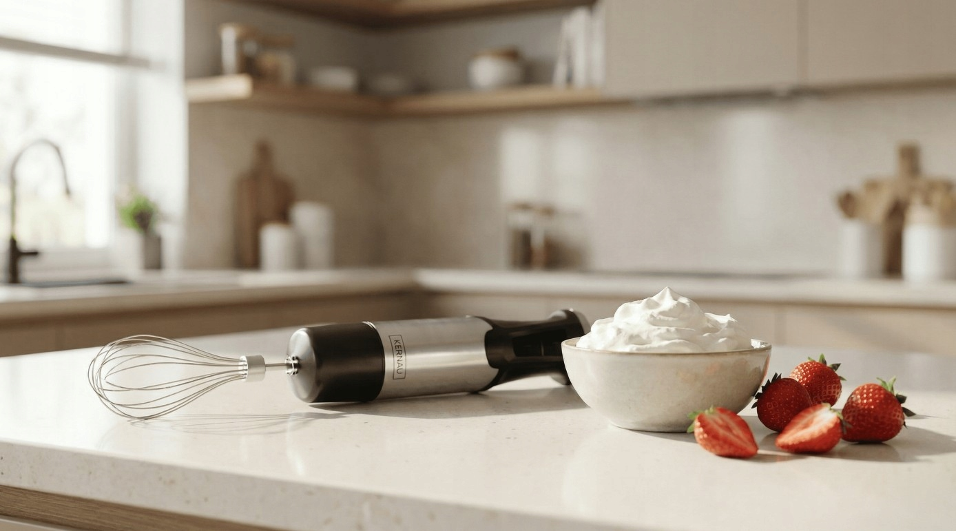 Blender ręczny, miska bitej śmietany i świeże truskawki na blacie kuchennym.