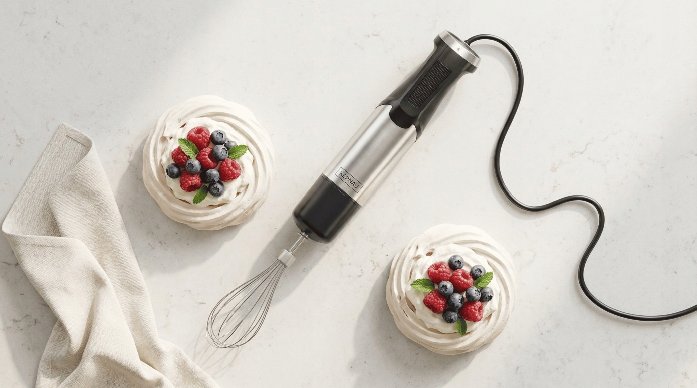 Elektryczny blender ręczny z trzepaczką leży na blacie kuchennym obok dwóch deserów pavlova i ściereczki.