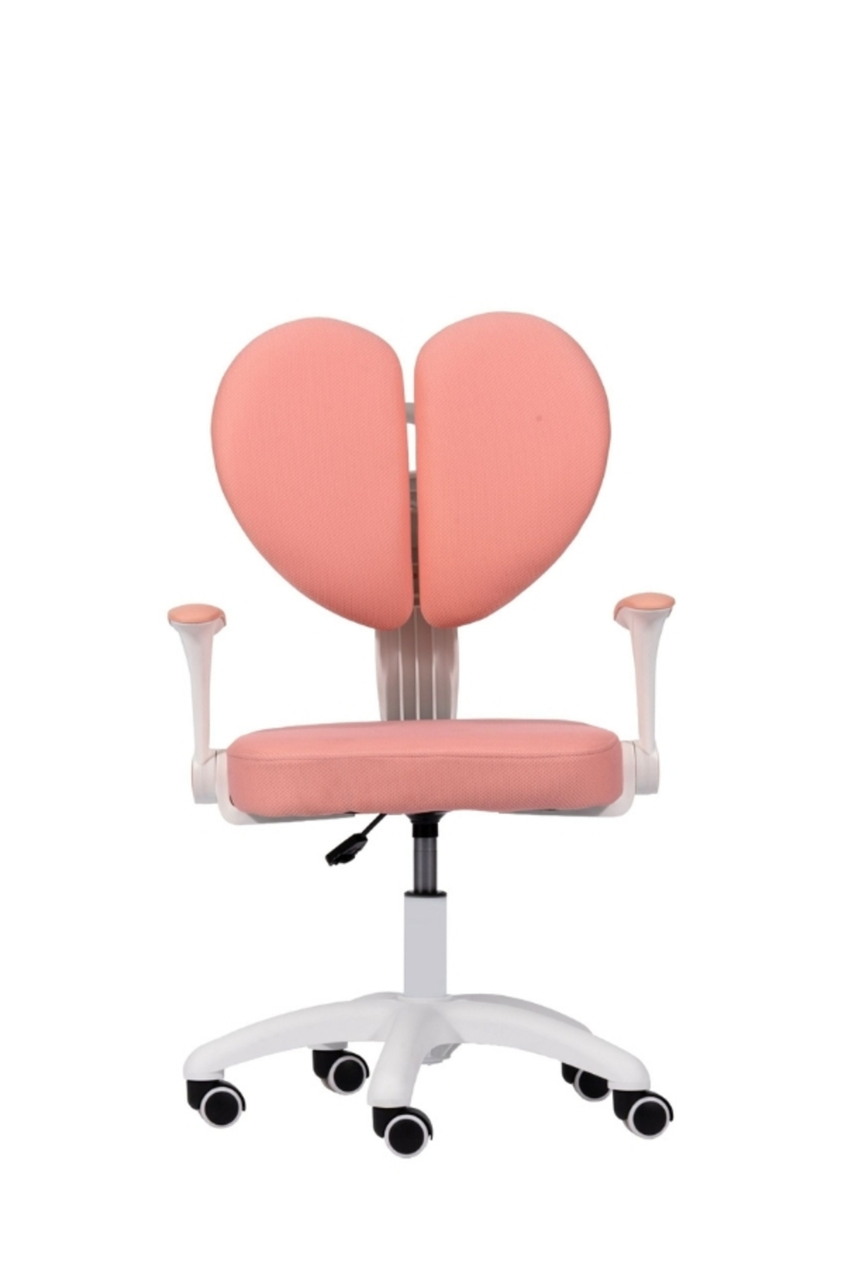 Tekeri olan beyaz tabanlı, kalp şeklinde bölünmüş sırt dayanağına sahip ergonomik pembe çocuk çalışma koltuğu.