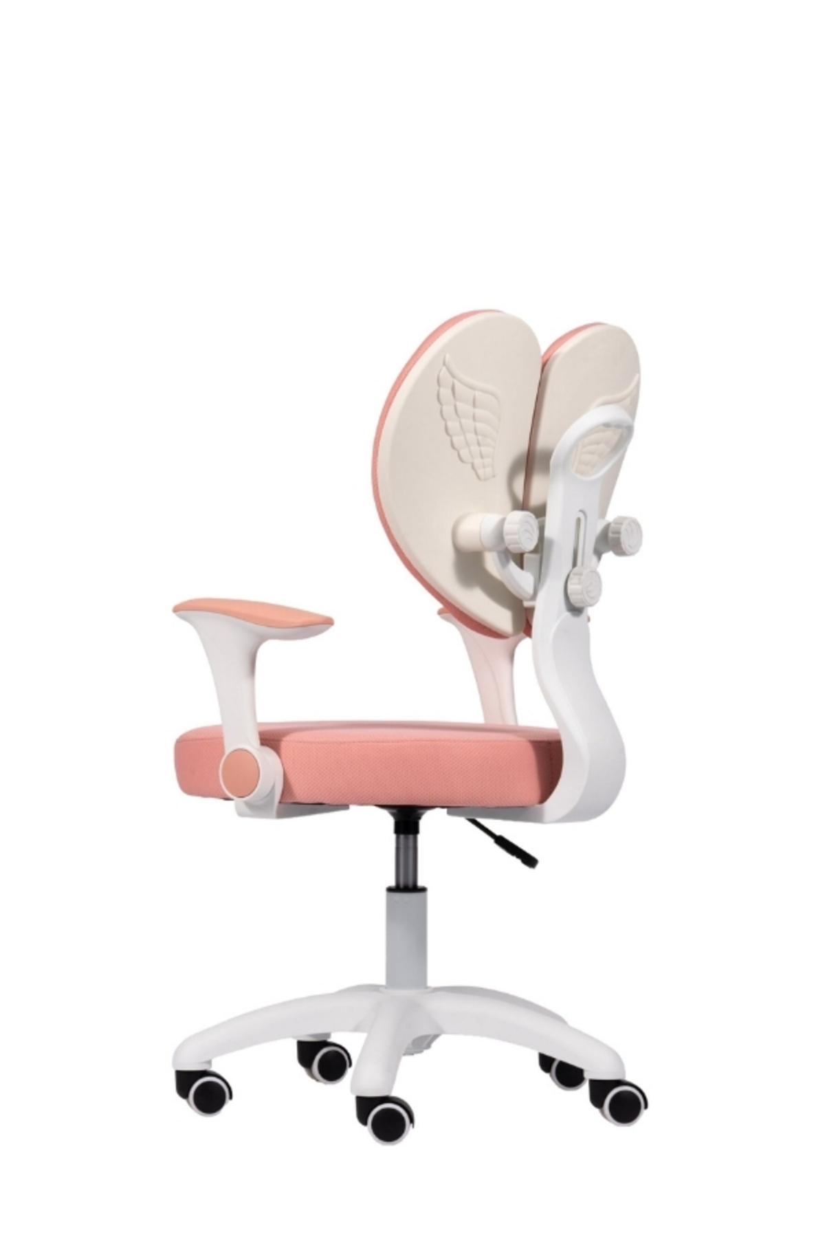 Beyaz arka planda pembe ve beyaz, bölünmüş sırtlıklı ve melek kanadı tasarımlı ergonomik çocuk çalışma koltuğu.