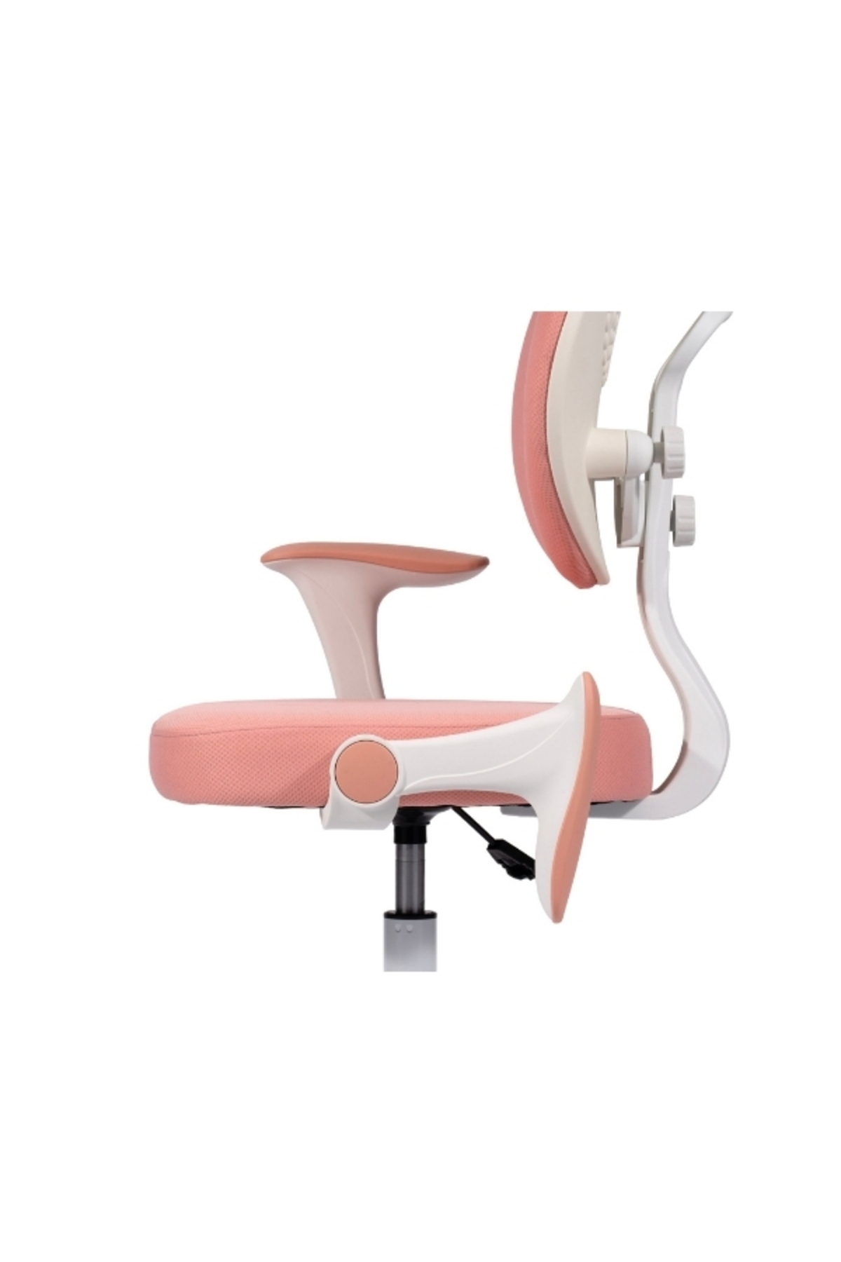 Beyaz arka planda ayarlanabilir parçalara sahip pembe ve beyaz ergonomik sandalyenin yan görünümü.