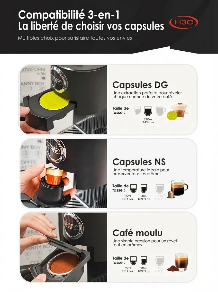 Pubblicità di una macchina da caffè 3 in 1 con capsule DG, NS e caffè macinato.