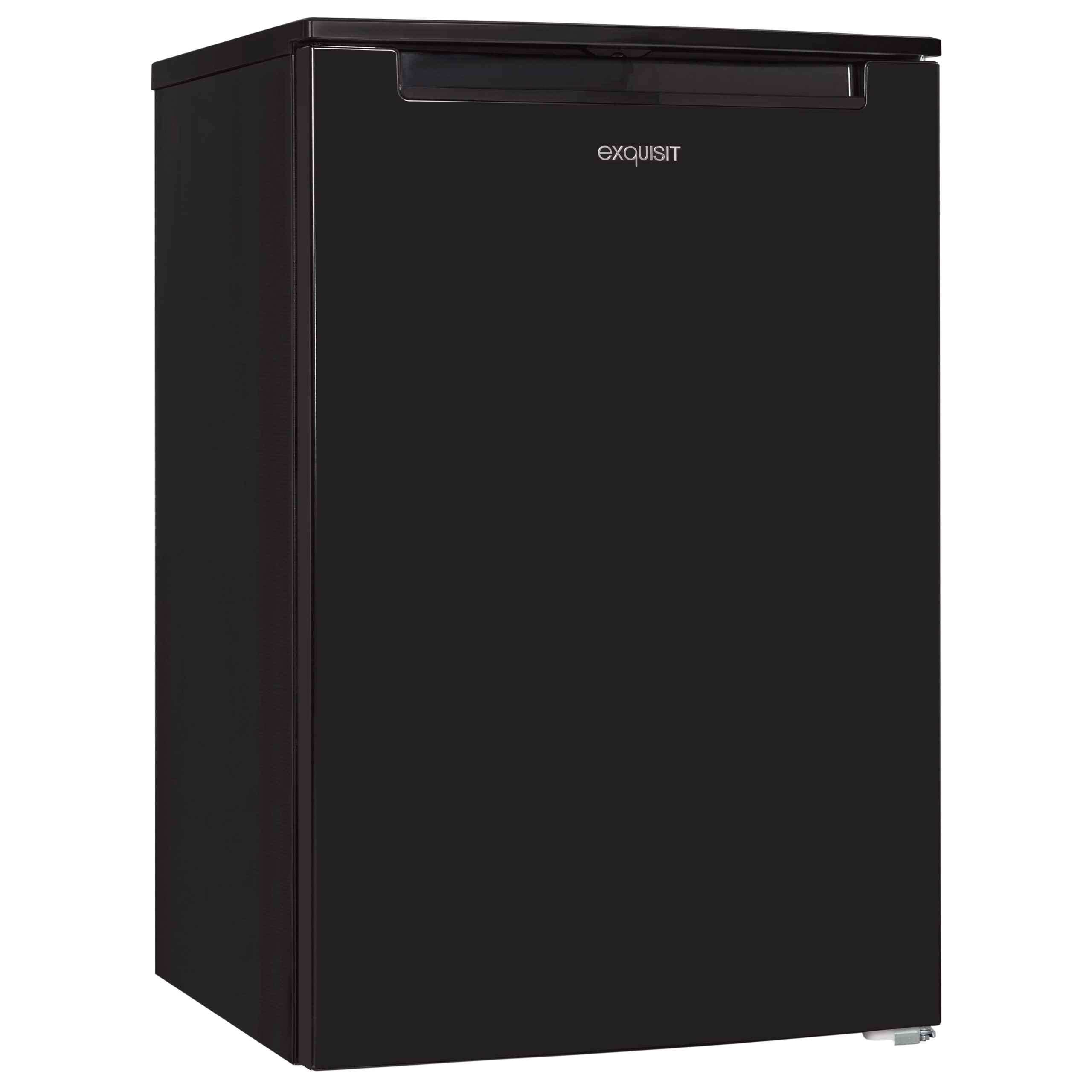 Un refrigerador negro compacto Exquisit con tirador integrado sobre una superficie blanca.