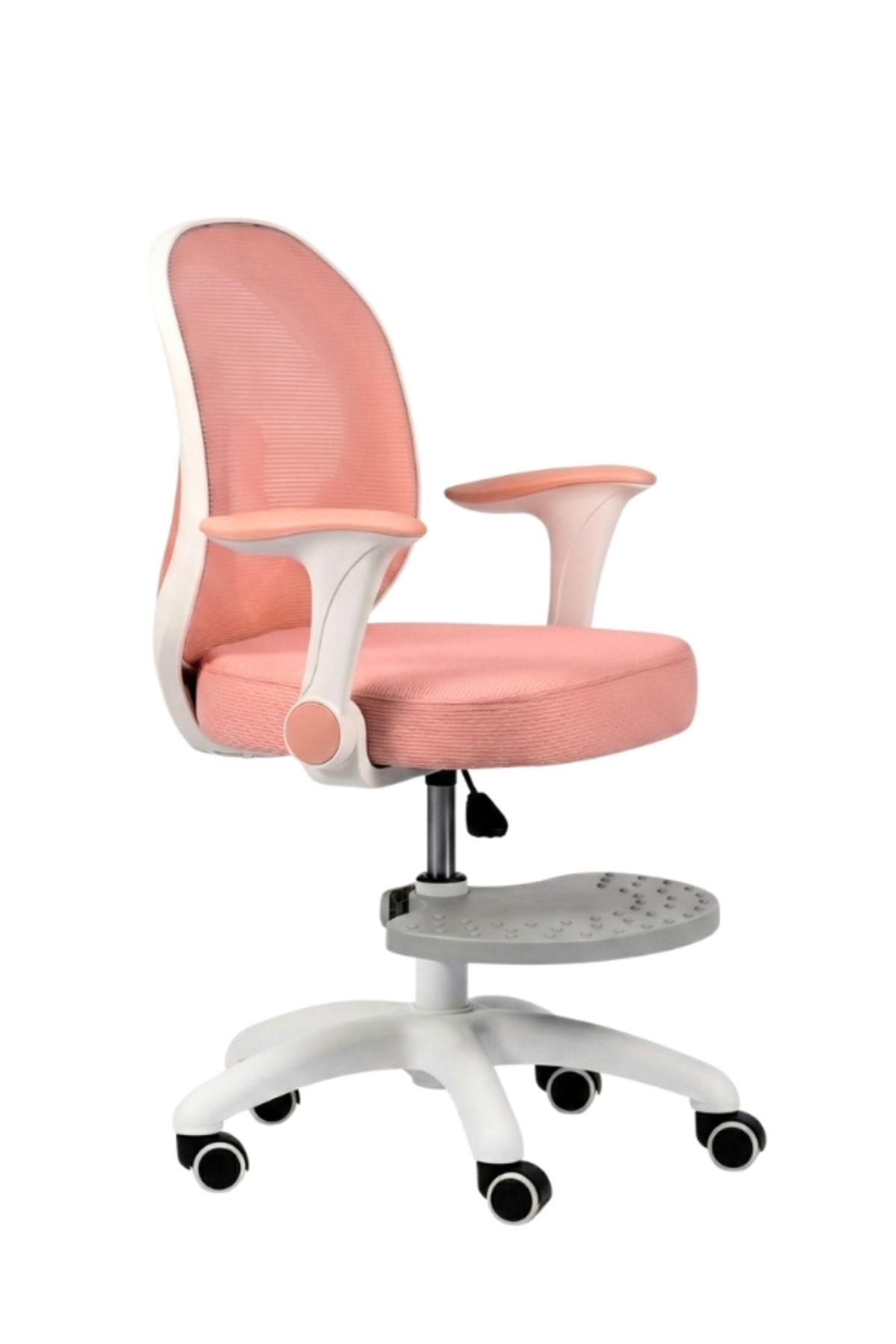 Beyaz arka planda ayak dayama yerli pembe ergonimik çocuk ofis koltuğu.