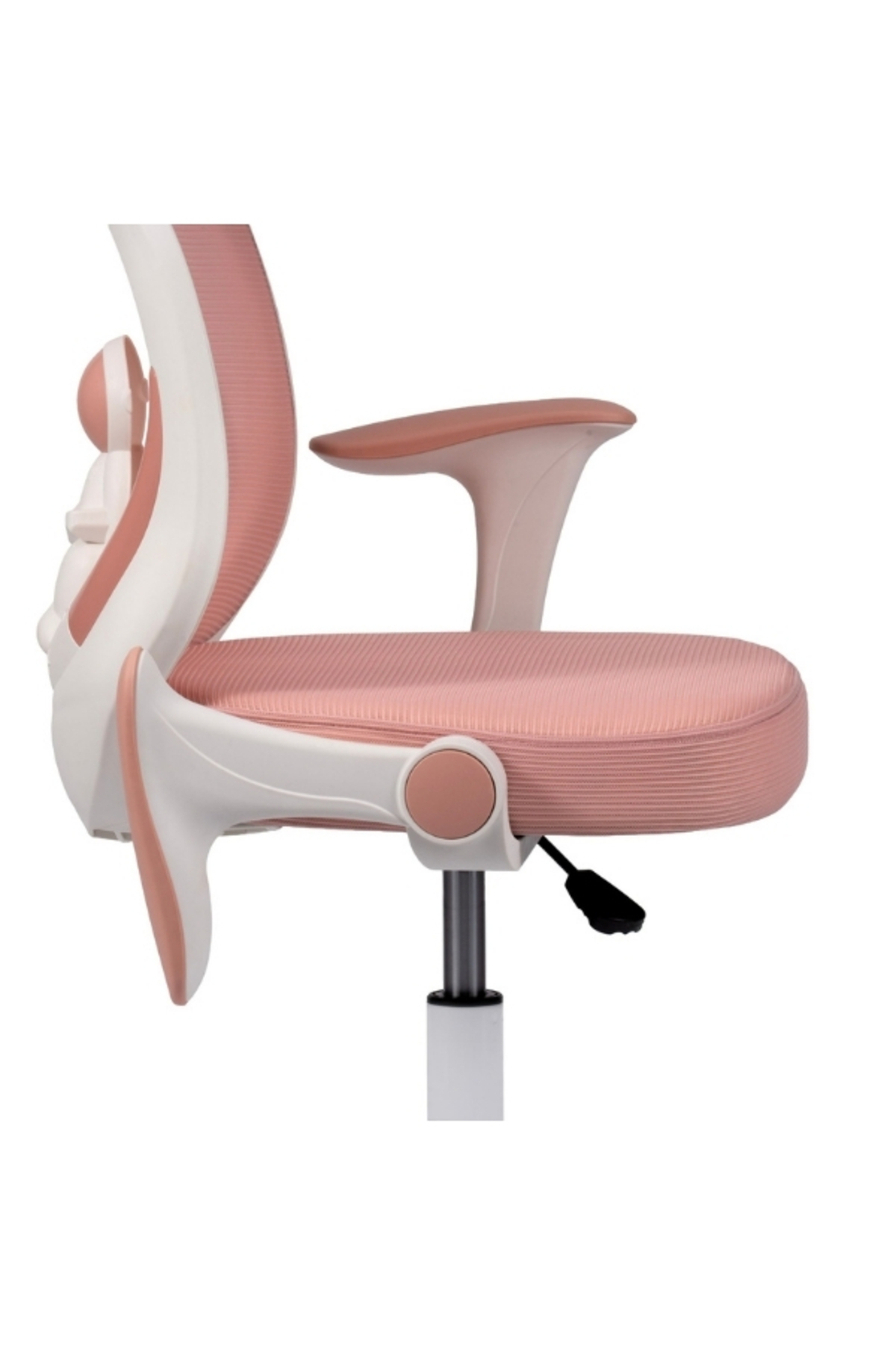 Ayarlanabilir kolçak ve oturağa sahip pembe ve beyaz ergonomik sandalye.