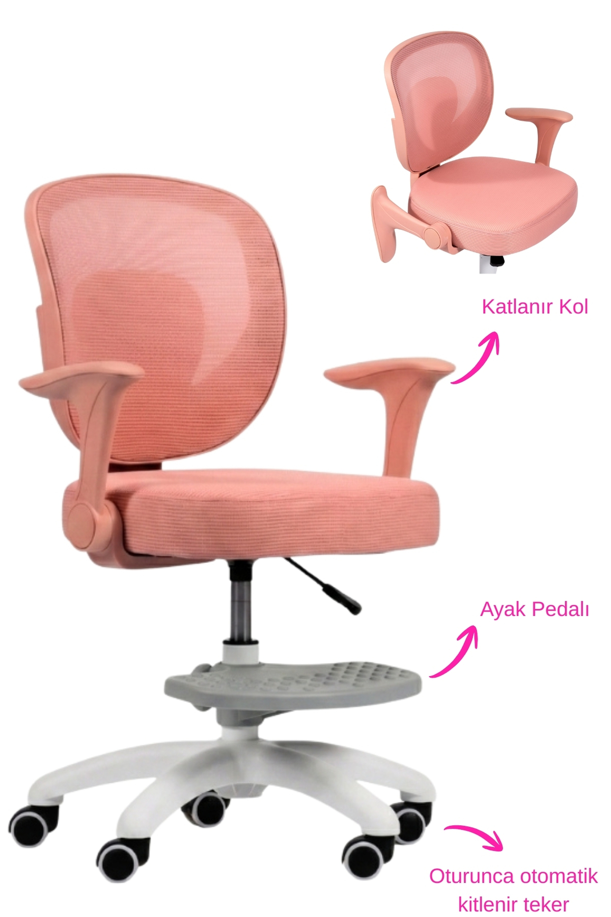 Ayak dayama yeri ve katlanır kolları olan pembe ergonomik çocuk çalışma koltuğu.