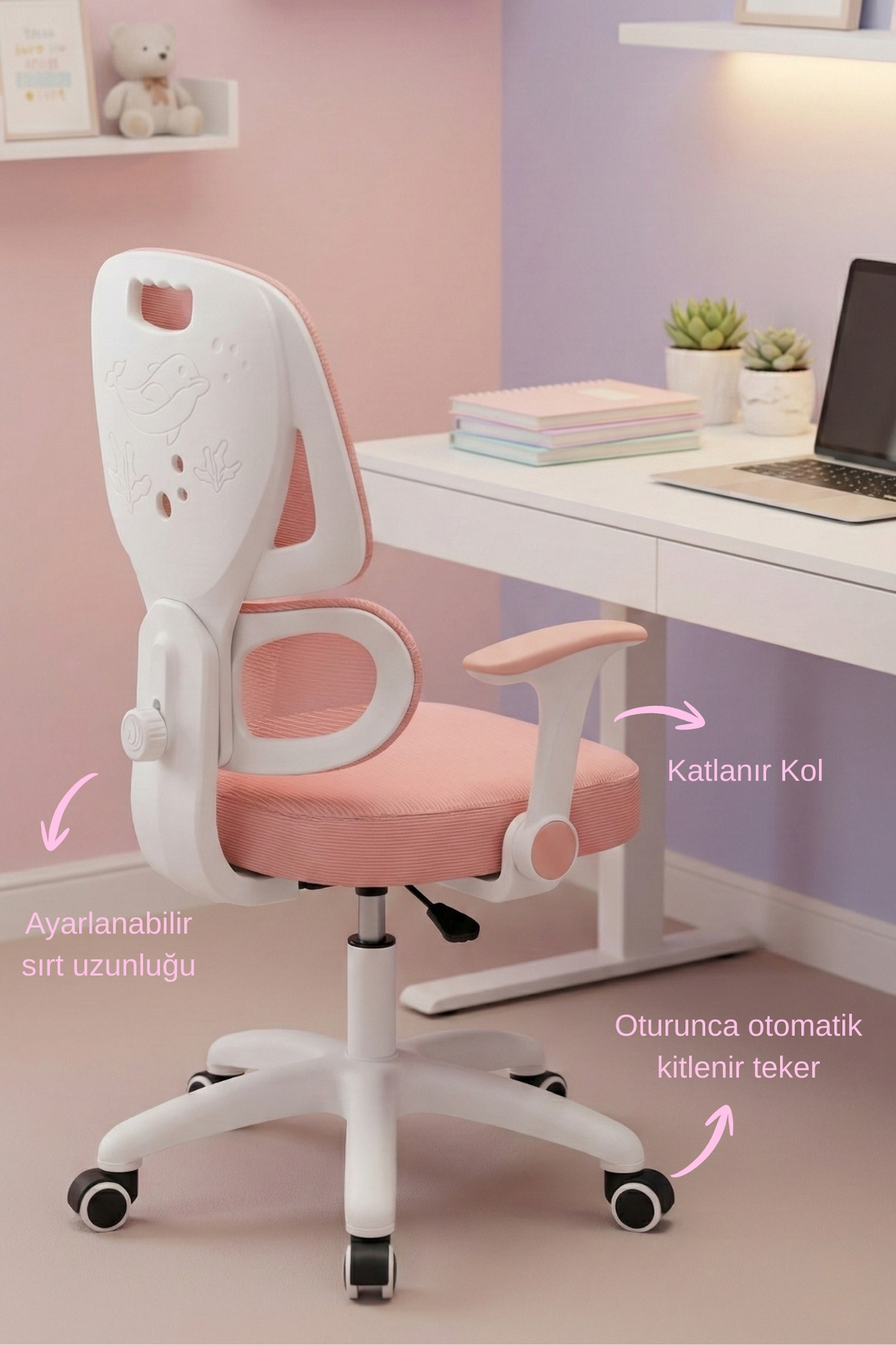 Dizüstü bilgisayarlı çalışma masası önünde pembe beyaz ergonomik çocuk sandalyesi.