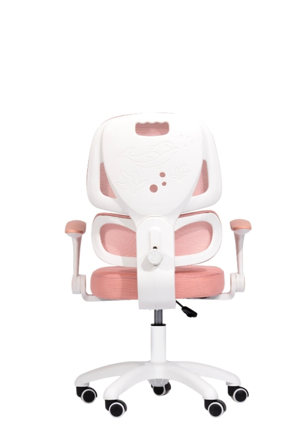 Sırtlığında balina motifi olan pembe ve beyaz ergonomik çocuk çalışma koltuğu.