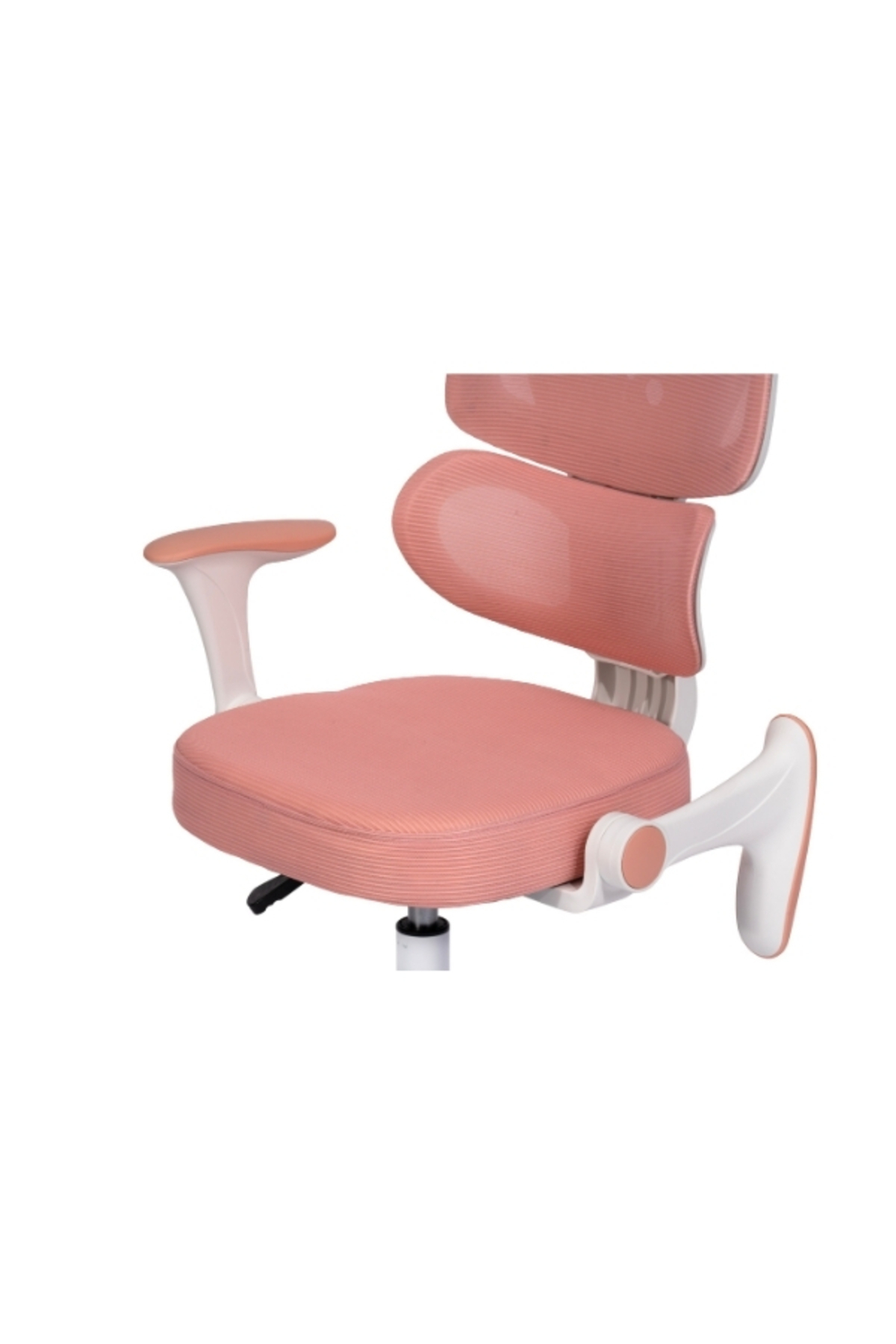 Bölünmüş sırtlıklı ve beyaz detaylı pembe ergonomik sandalye.