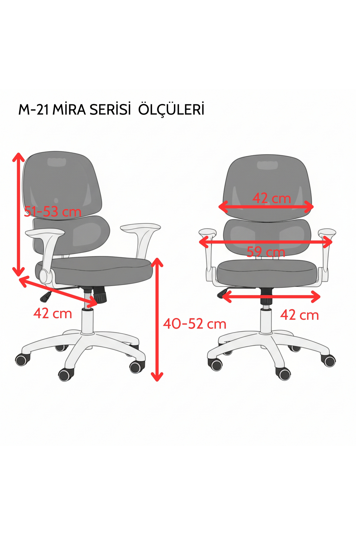 Kırmızı oklarla santimetre cinsinden ölçüleri gösterilen ofis sandalyesinin teknik çizimi.