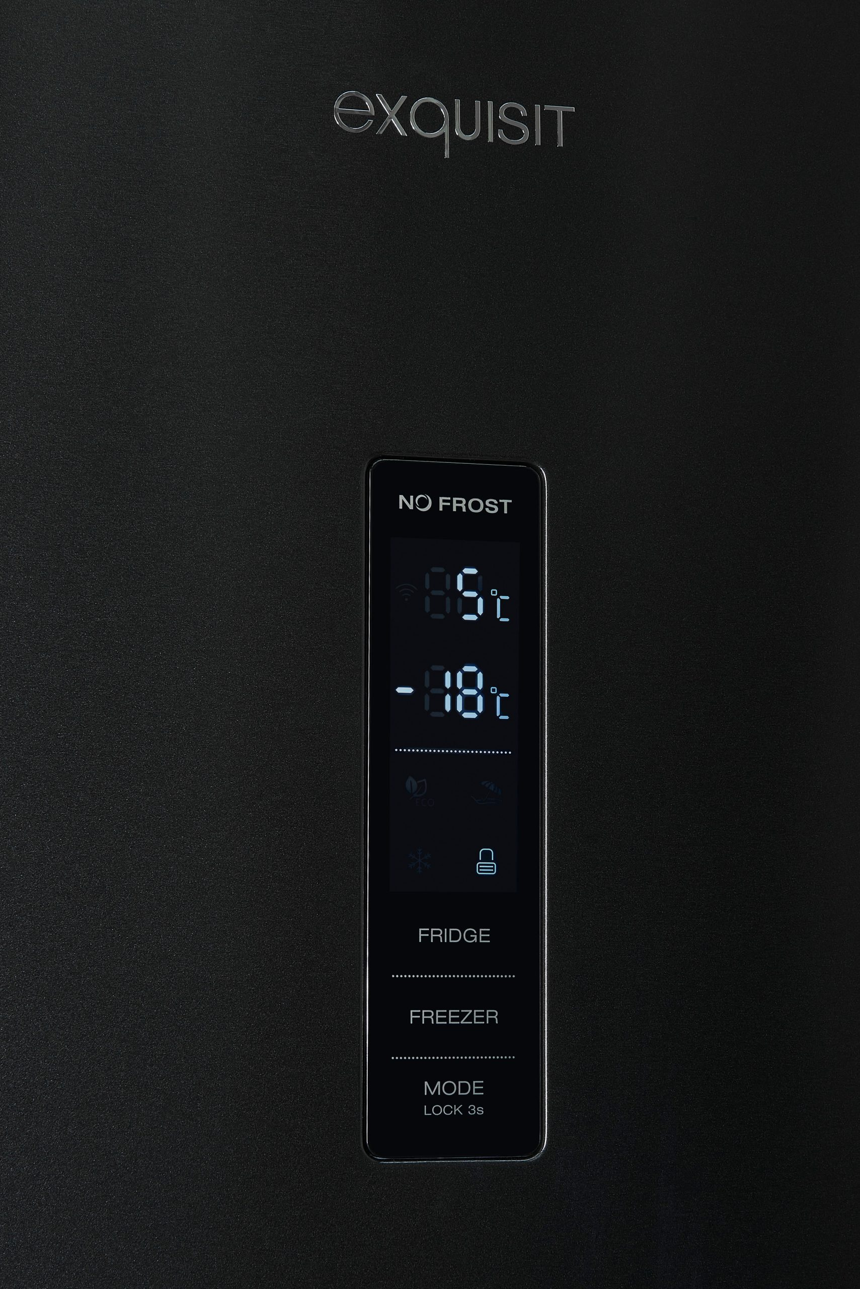 Schwarze Kühlschranktür mit Exquisit-Logo und digitalem No-Frost-Display.