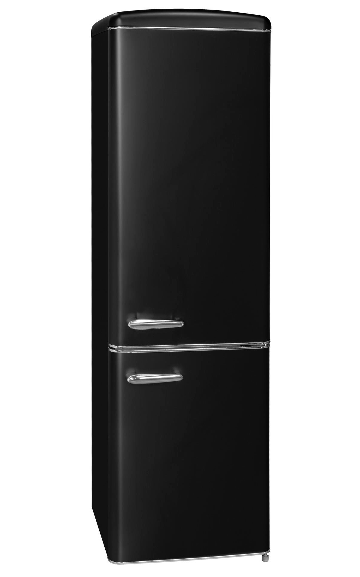 Ein glänzender, schwarzer Retro-Kühlschrank mit silbernen Griffen vor weißem Hintergrund.