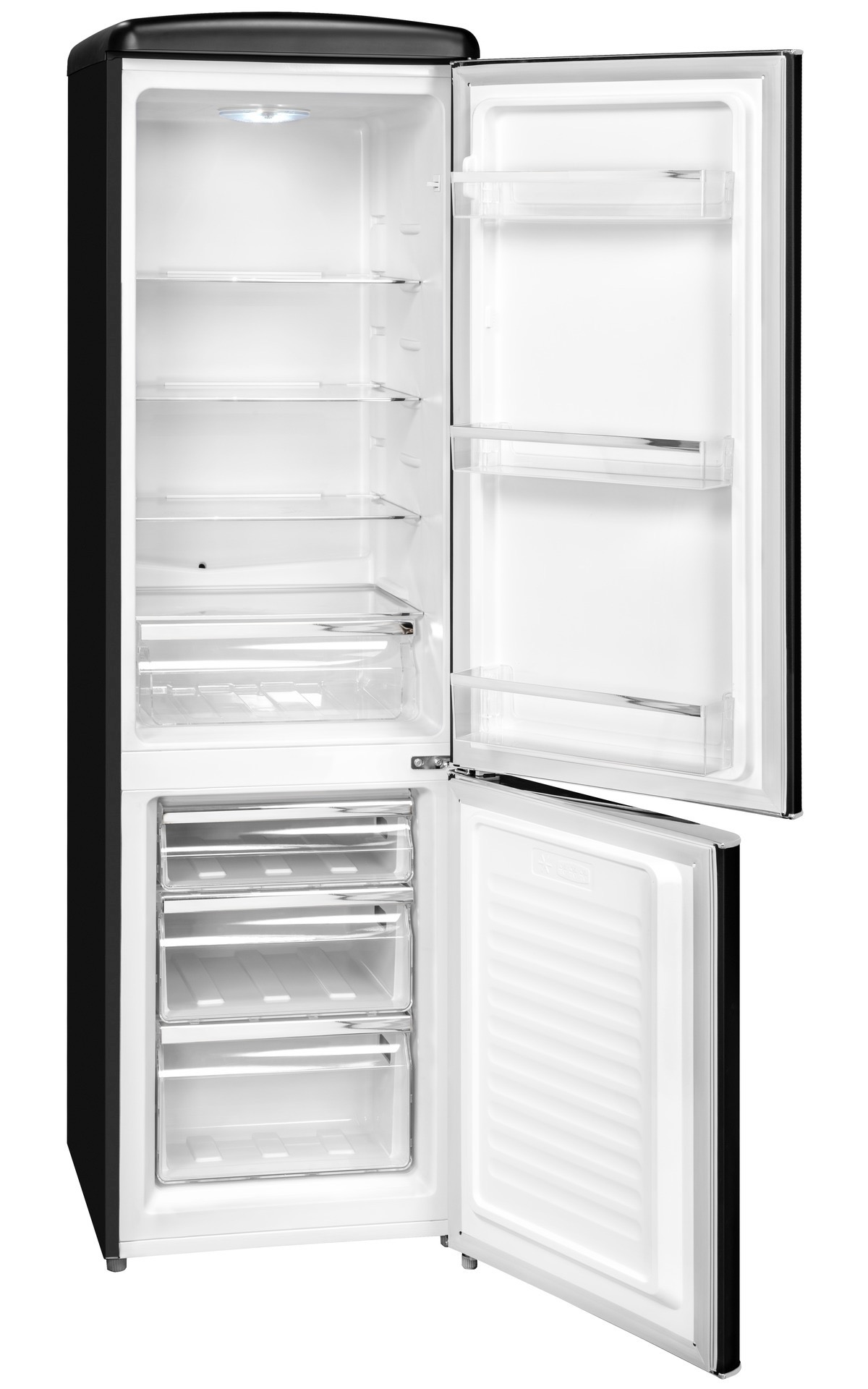 Ein schwarzer Retro-Kühlschrank mit geöffneten Türen zeigt helle Regale und transparente Schubladen im Inneren.