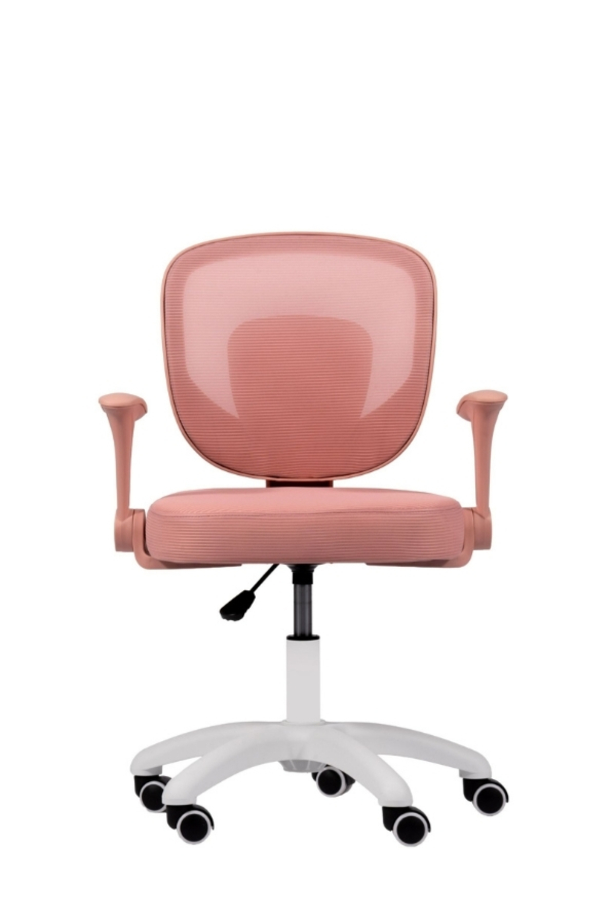 Pembe, file sirtlikli, kolcakli ve beyaz ayakli, siyah tekerlekli ergonomik ofis sandalyesi beyaz arka planda.