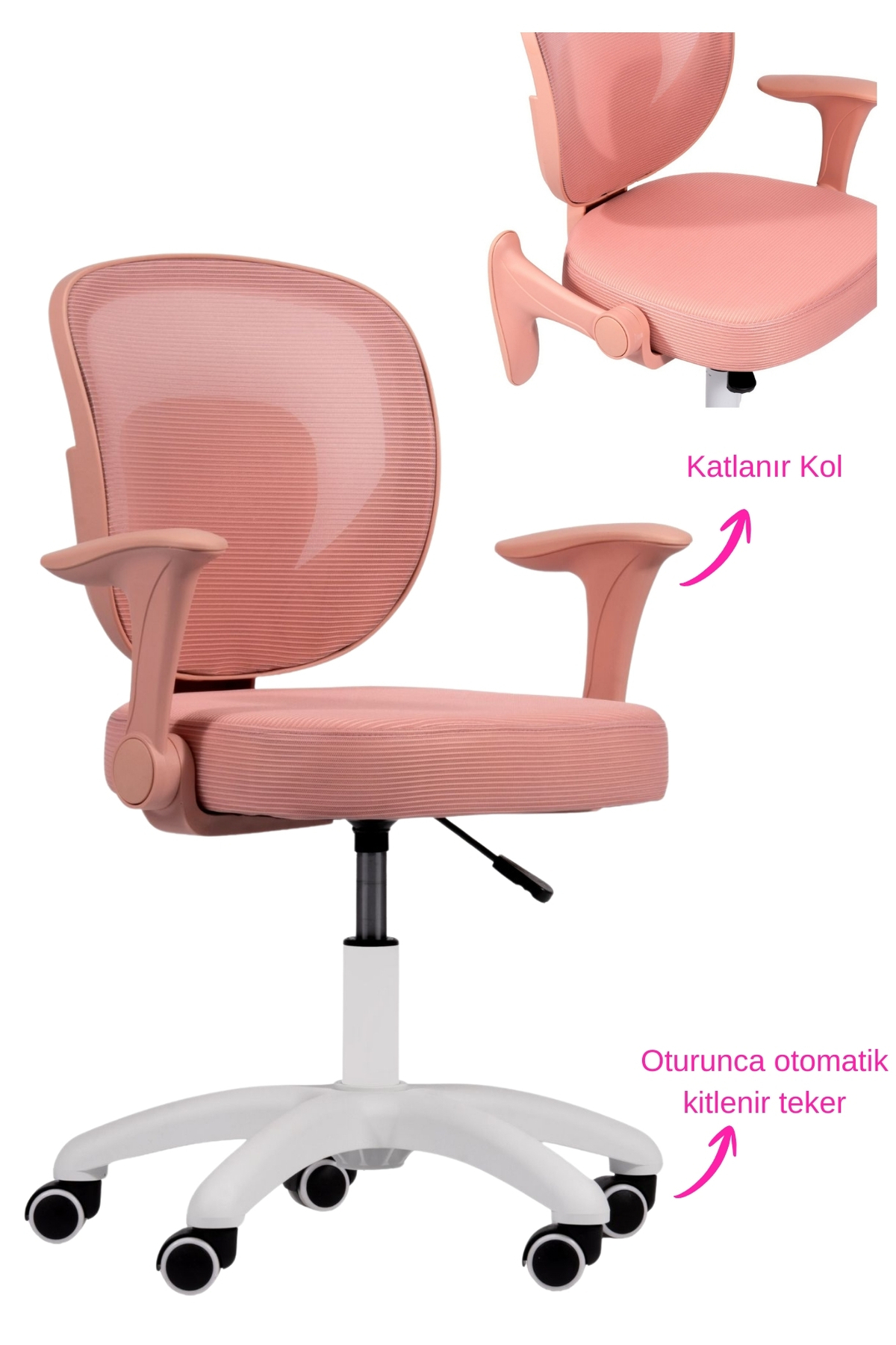 Beyaz arkaplanda katlanır kollu ve tekerlekli pembe ergonomik ofis koltuğu.
