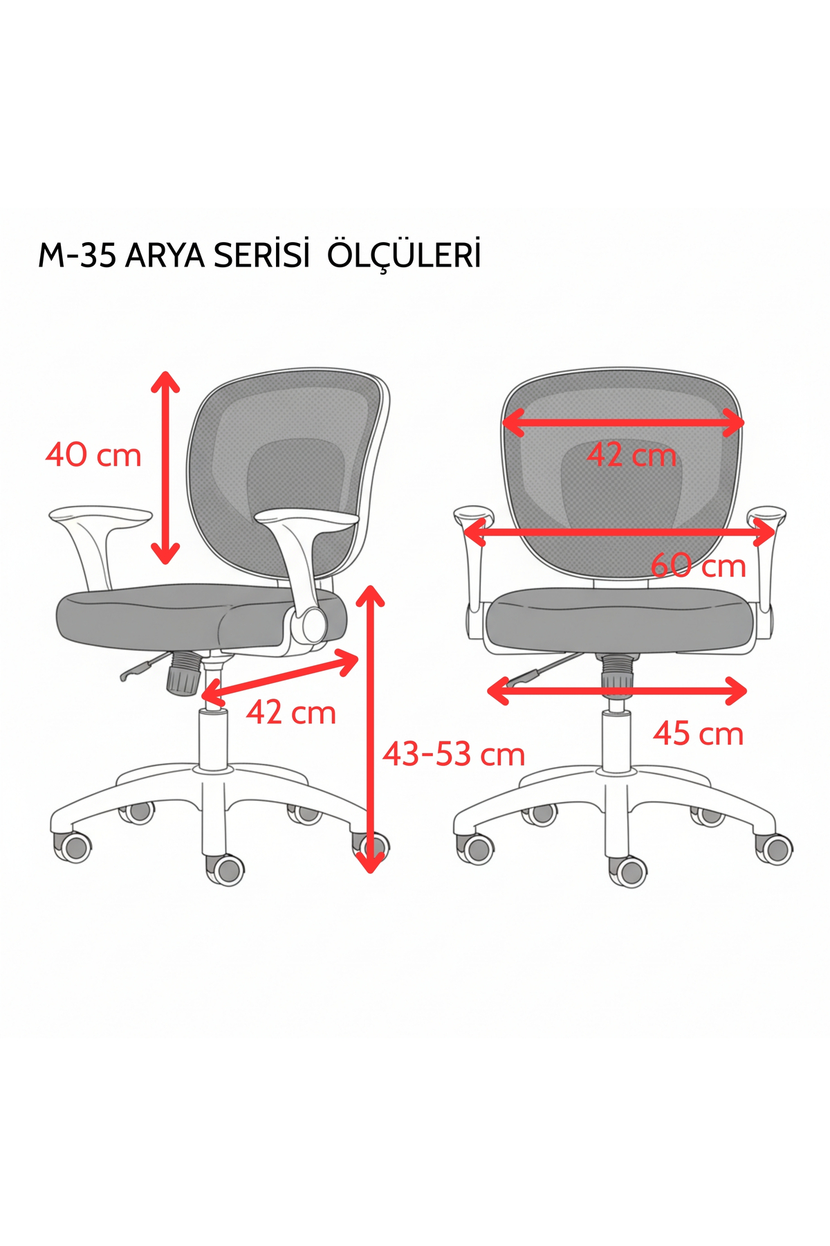 Diyagram, kırmızı ölçü oklarıyla M-35 Arya ofis sandalyesinin iki açıdan ölçülerini gösterir.