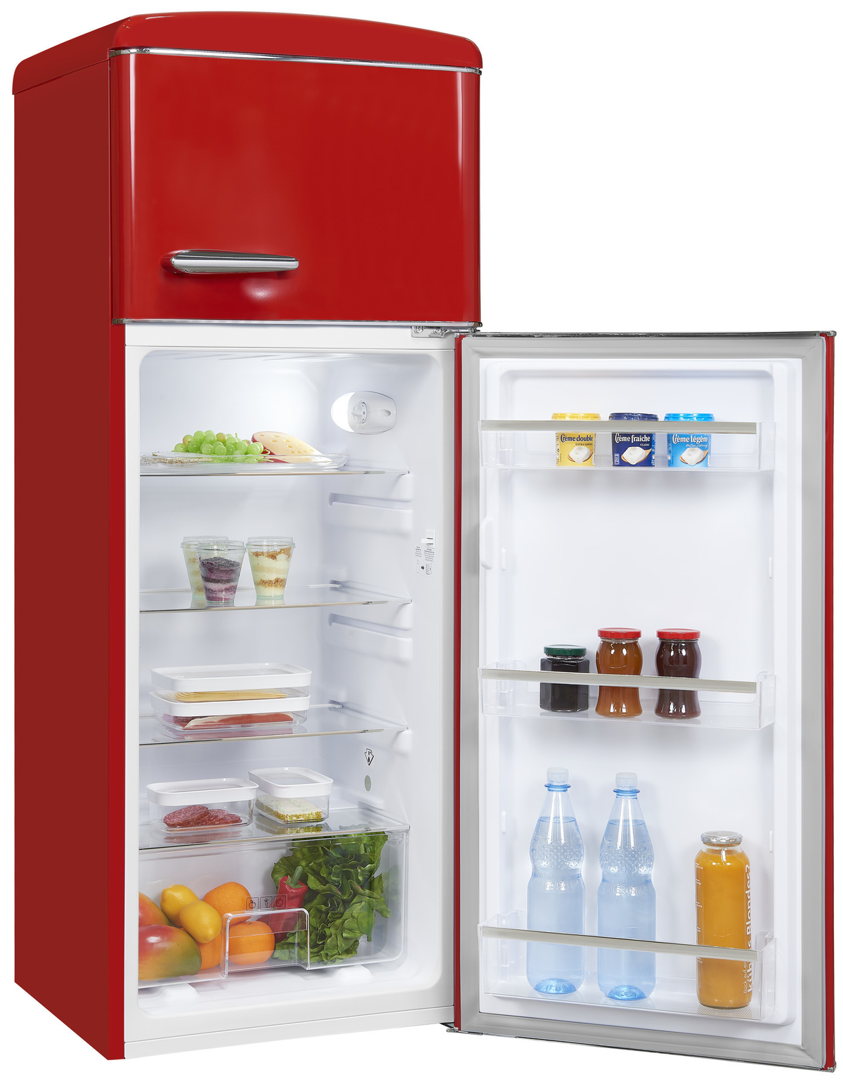 Ein roter Retro-Kühlschrank mit geöffneter Tür, gefüllt mit Obst, Gemüse, Getränken und Lebensmitteln.