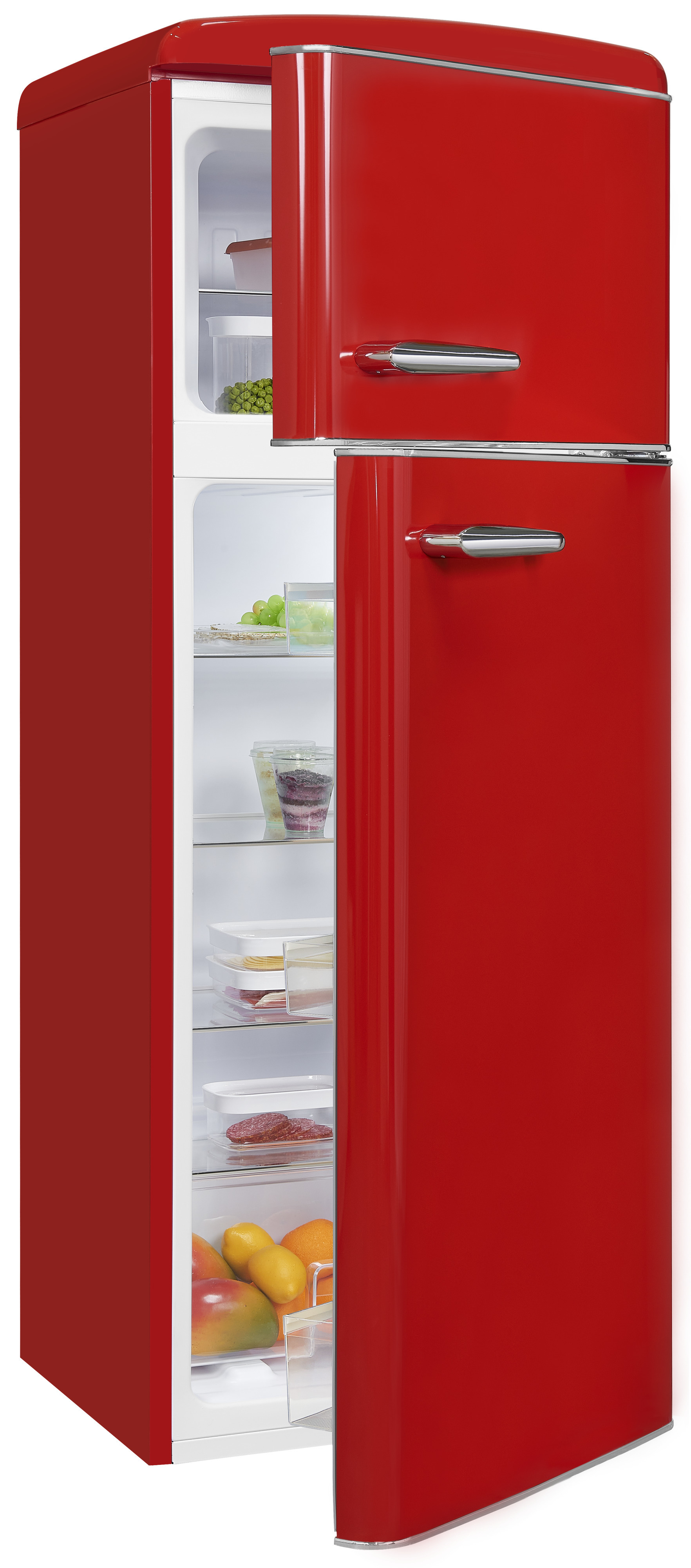 Ein leuchtend roter Retro-Kühlschrank mit offener Tür zeigt Regale voller Lebensmittel und frischem Obst.