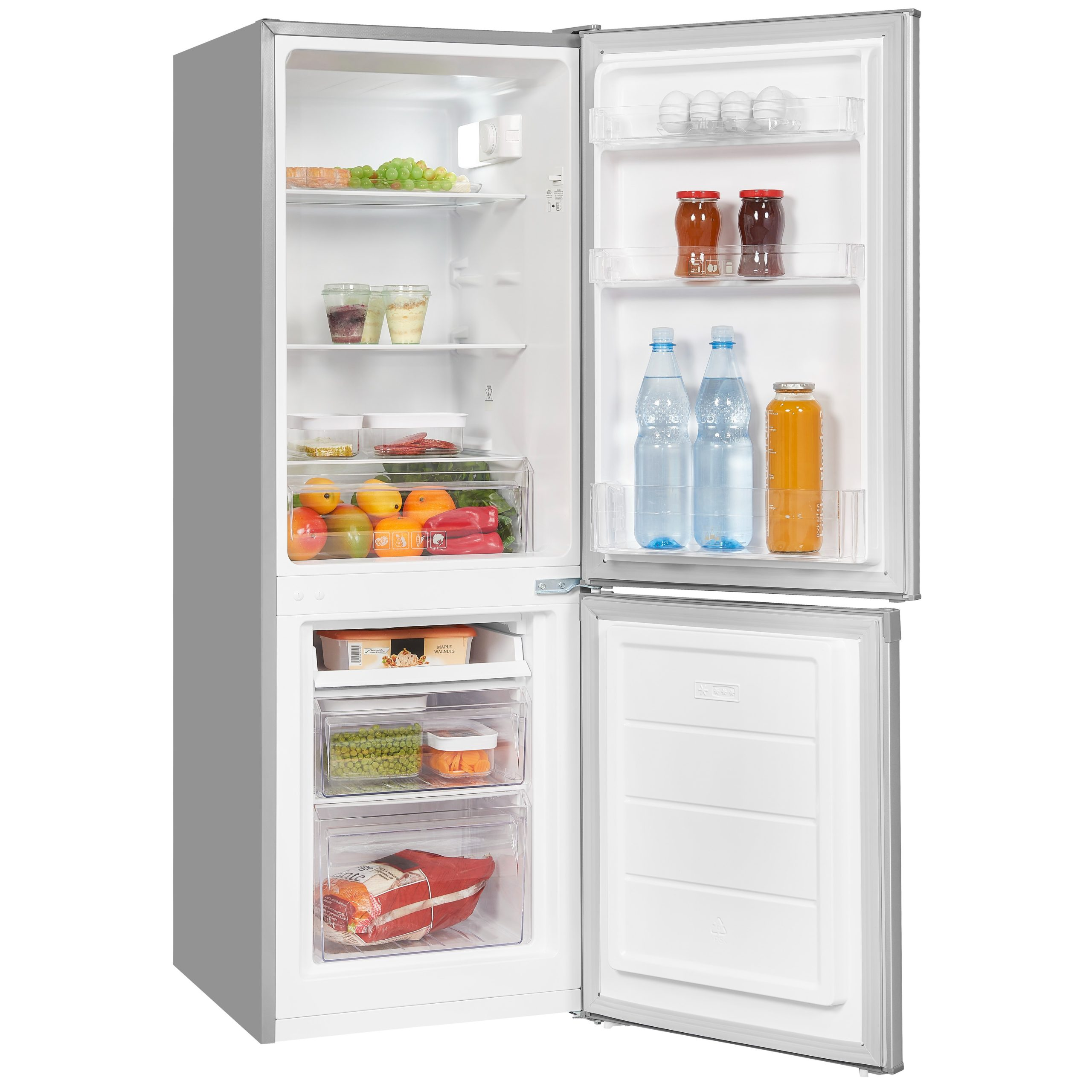 Silberner Kühlschrank mit geöffneter Tür, gefüllt mit Obst, Getränken, Gemüse und Lebensmitteln.