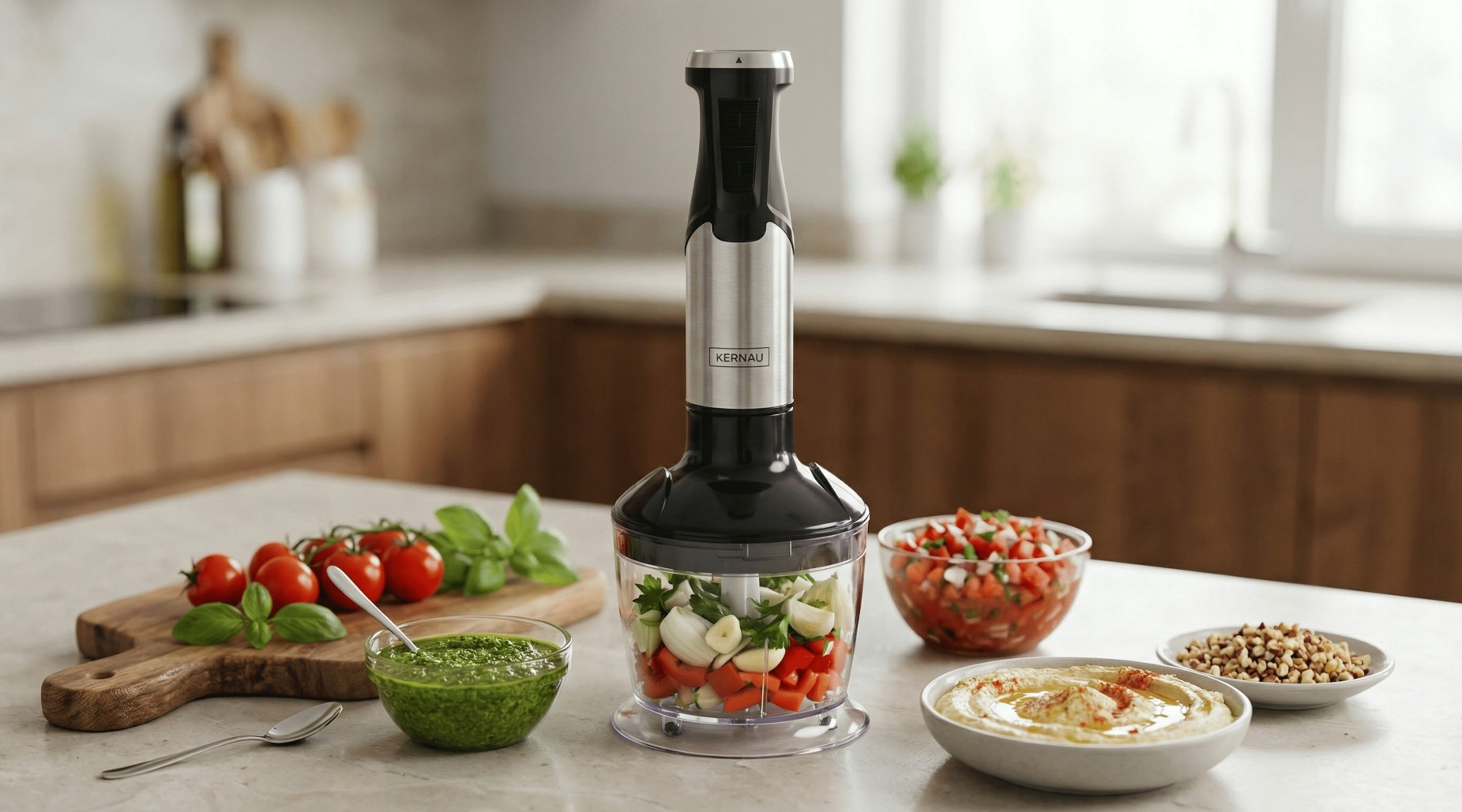 Czarny blender ręczny stoi na blacie kuchennym, otoczony warzywami i dipami.
