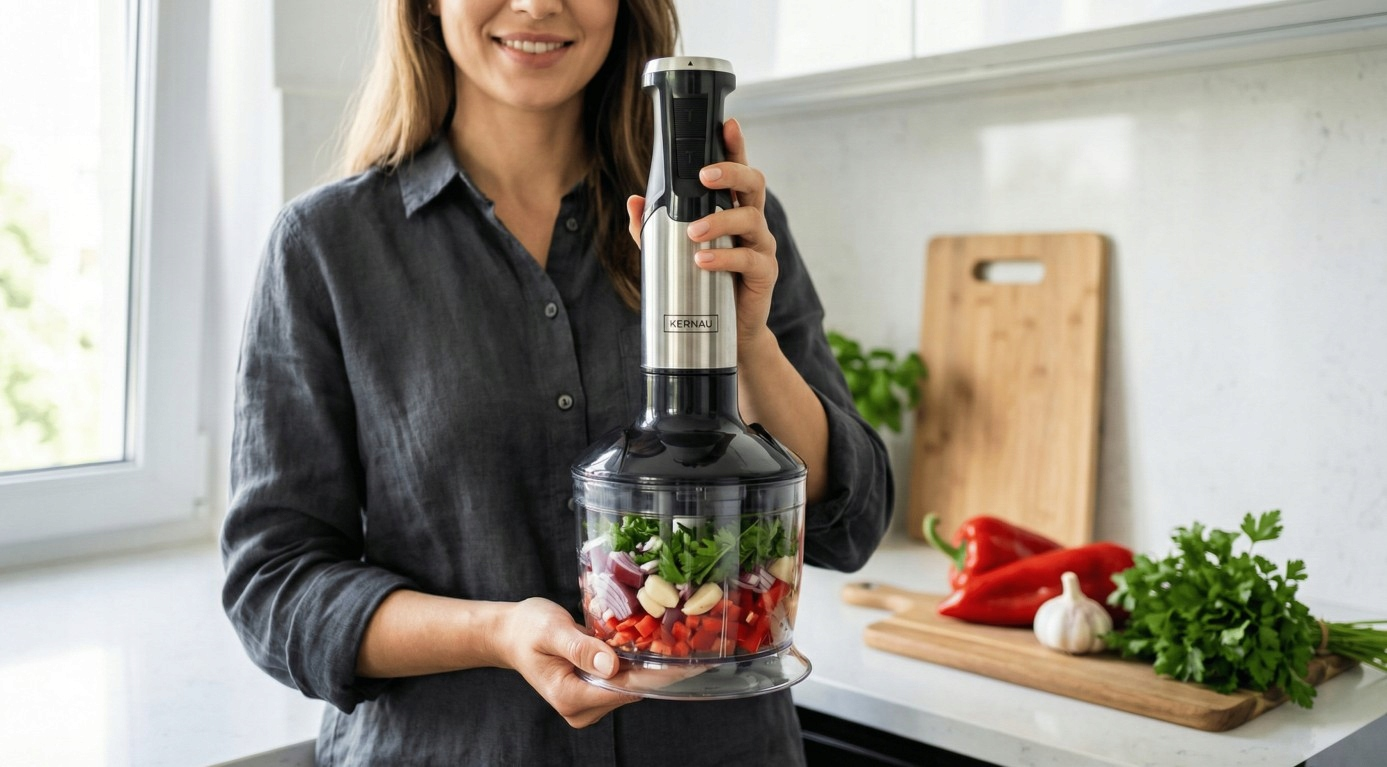 Kobieta w kuchni trzyma blender ręczny z posiekanymi warzywami, na blacie leżą papryka i czosnek.