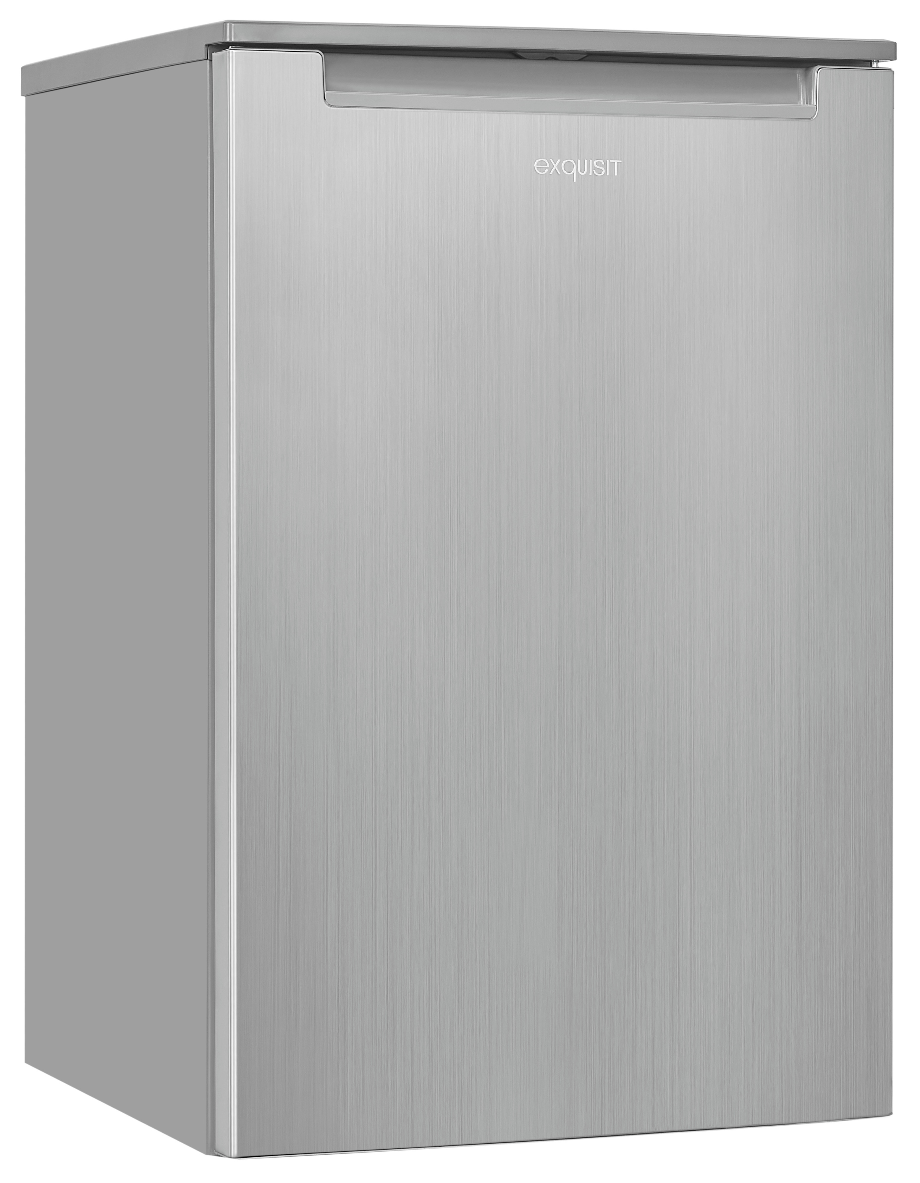 Refrigerador plateado compacto con acabado de acero inoxidable y tirador integrado.