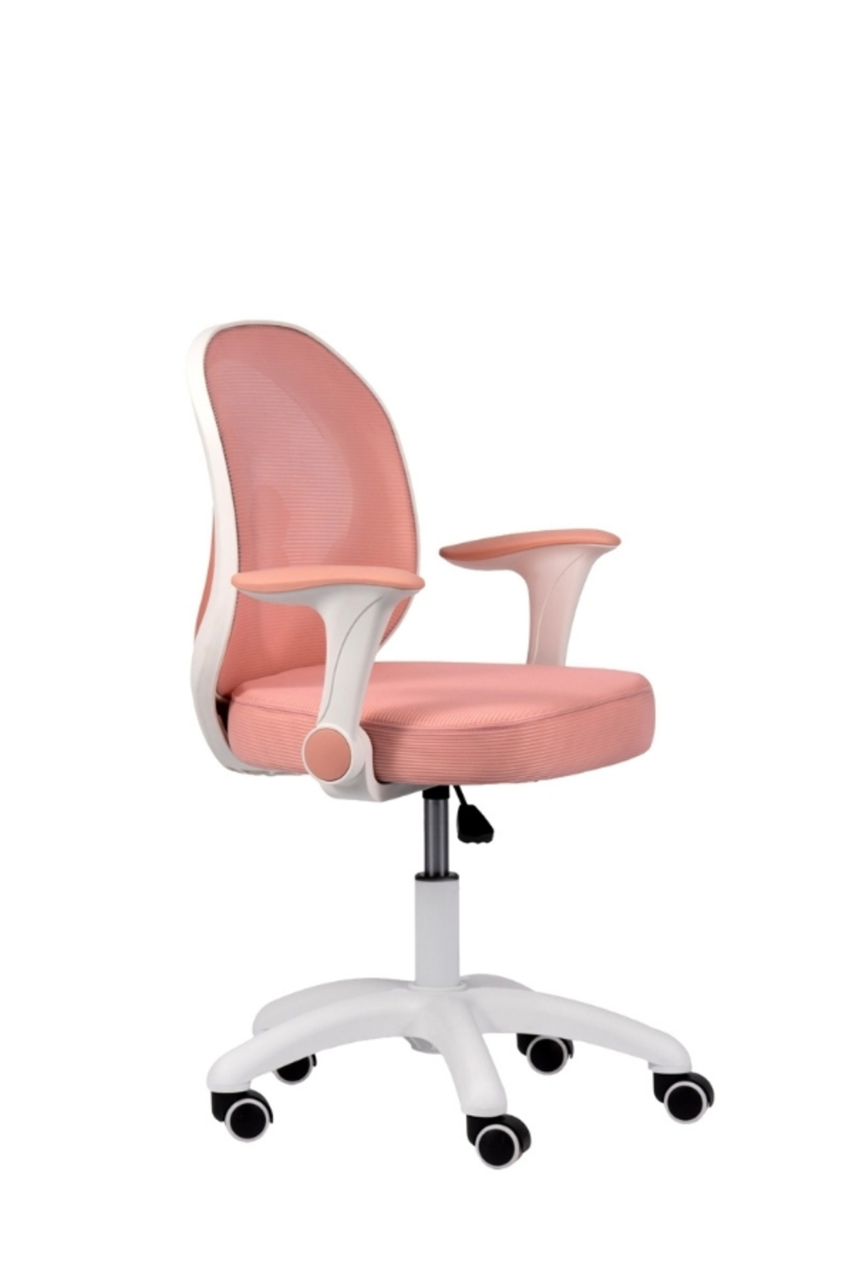 Beyaz zemin üzerinde beyaz iskeletli ve tekerlekli, modern pembe ergonomik ofis sandalyesi.