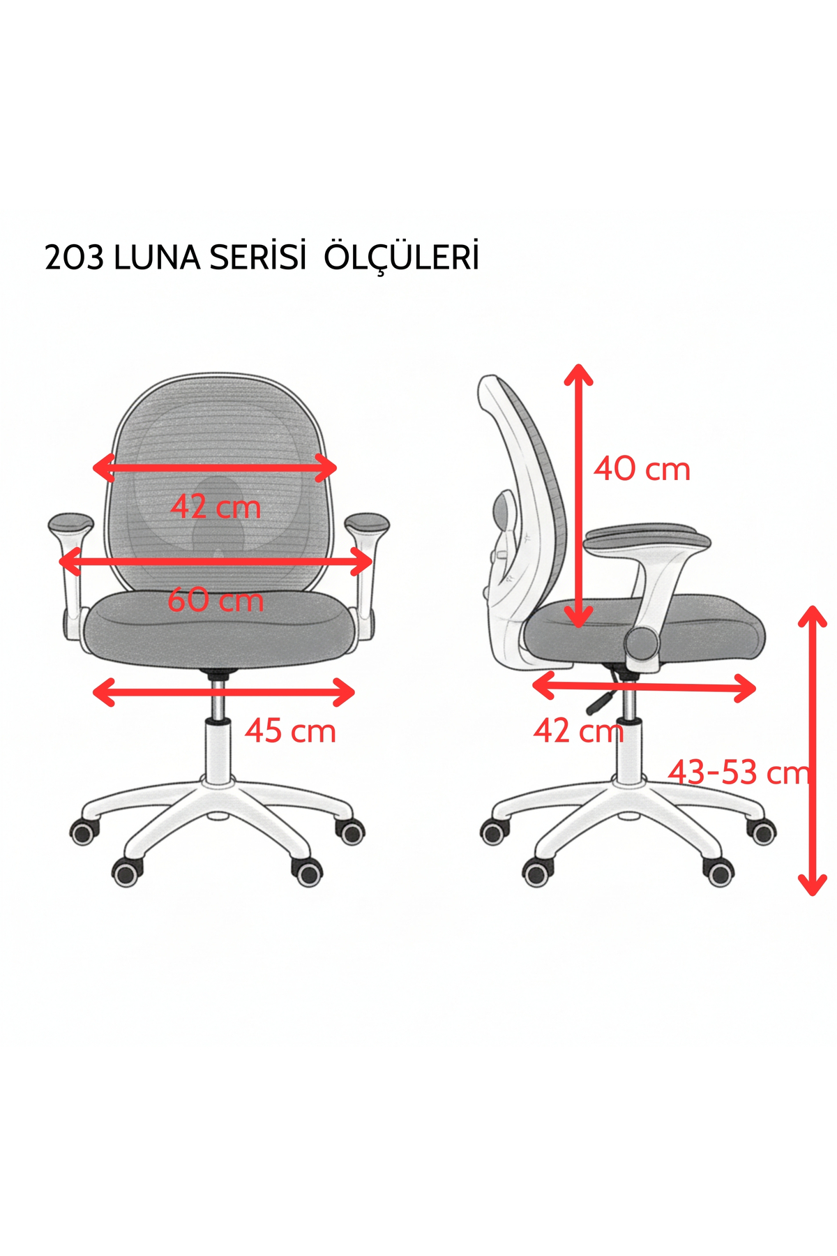 Luna 203 ofis sandalyesinin önden ve yandan santimetre cinsinden ölçülerini gösteren teknik çizimi.
