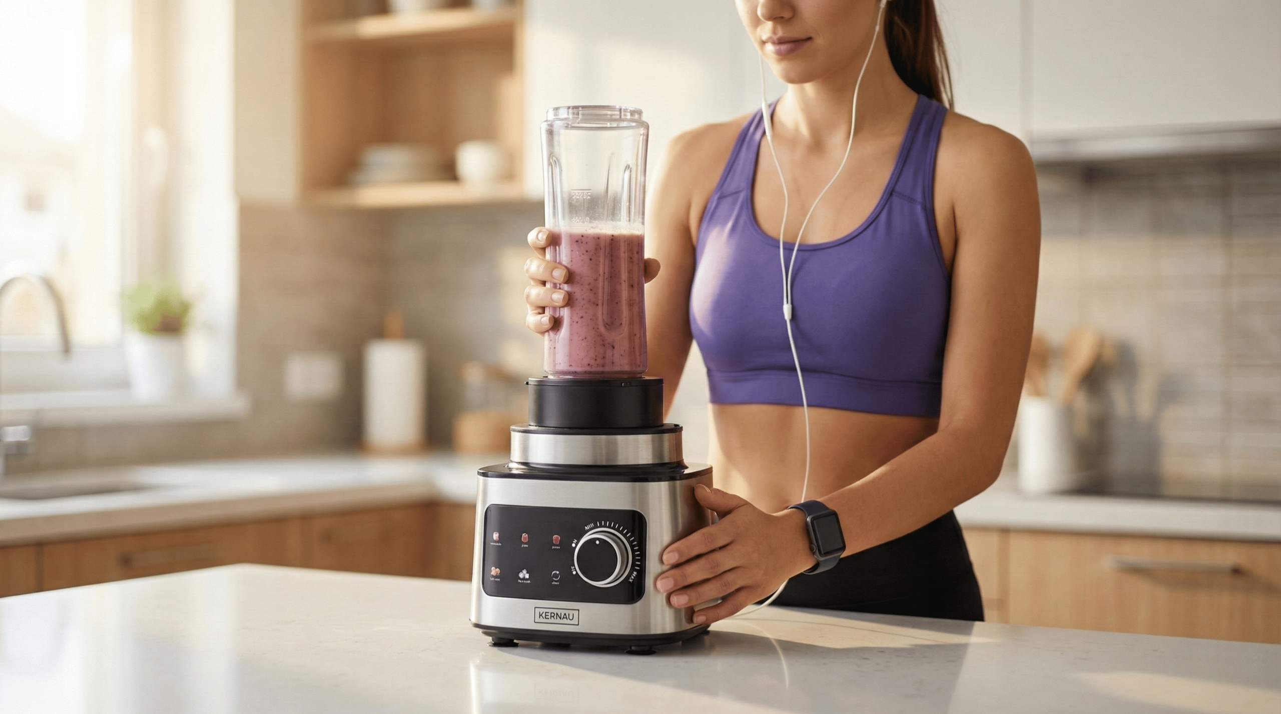 Kobieta w stroju sportowym w kuchni stawia kielich blendera z czerwonym smoothie na bazie.